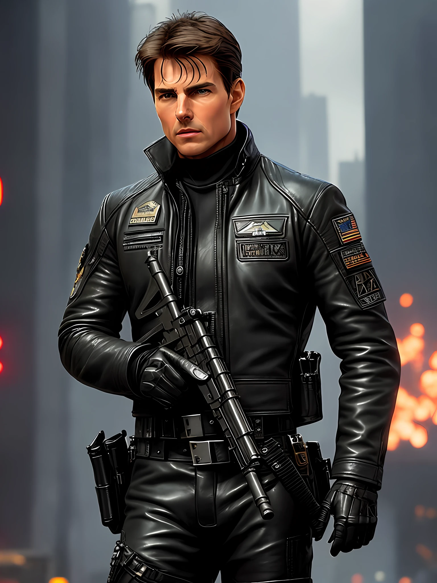 Tom Cruise armed in a leather suit holding a gun in a city, leather pilot's uniform, in a dark space mercenary outfit, soldier outfit, a star wars imperial agent, pilot outfit, highly detailed character, military clothing stylized, outfit: police, fine - detailed outfit, high detail iconic character, 8k character detail, very detailed and rich outfits