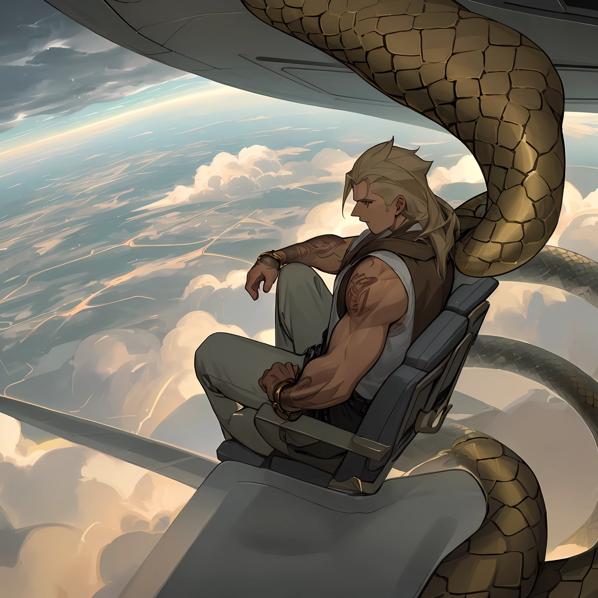 man sitting on a seat in an airplane looking at the storm, lightning, clouds, dark, muscles, gold ring, gang snake tattoo
