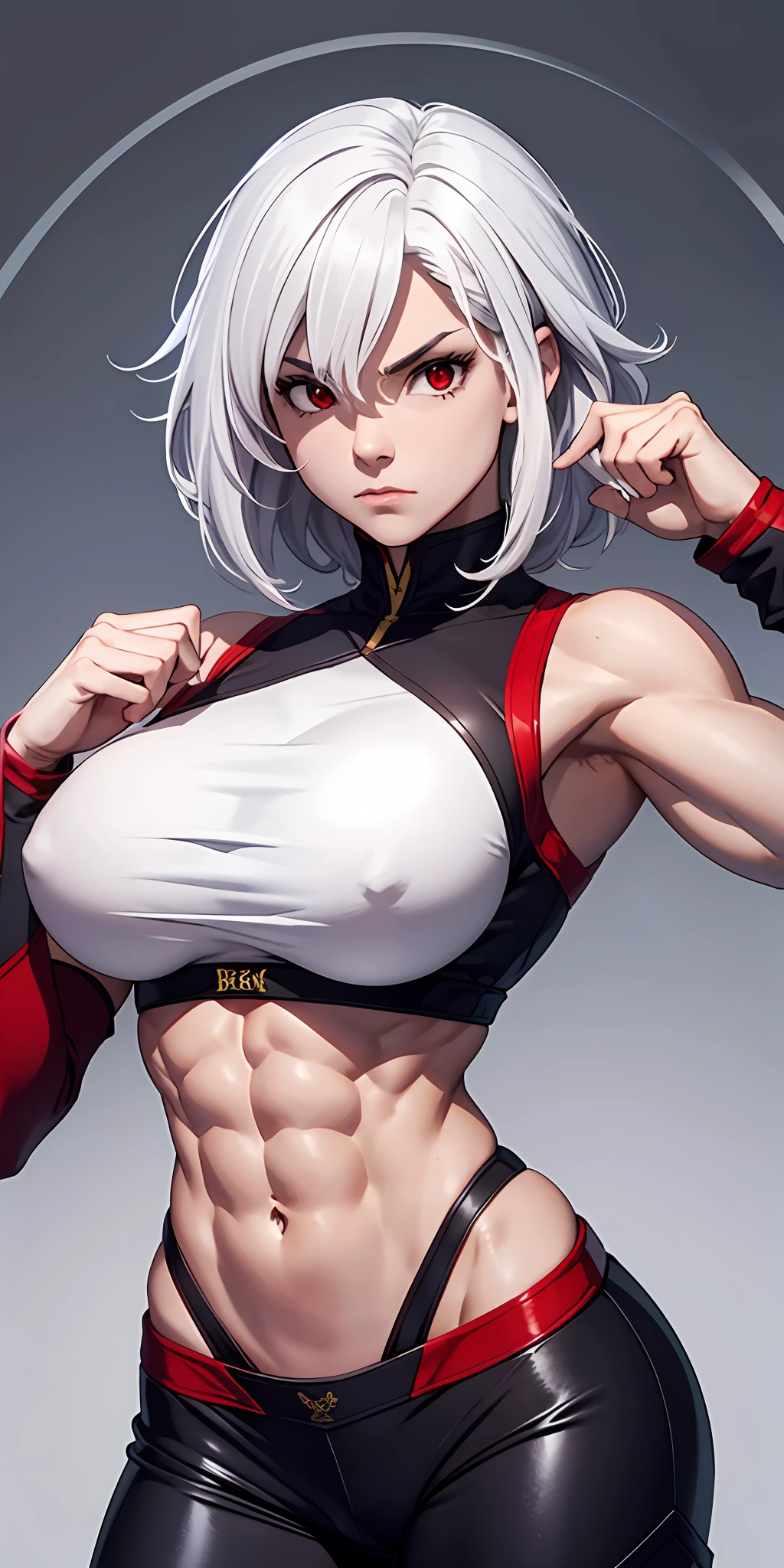 harry potter bodybuilder, pretty face, serious face, white hair, red eyes, perfect body, fit body, abdomen, big breasts, muscular,