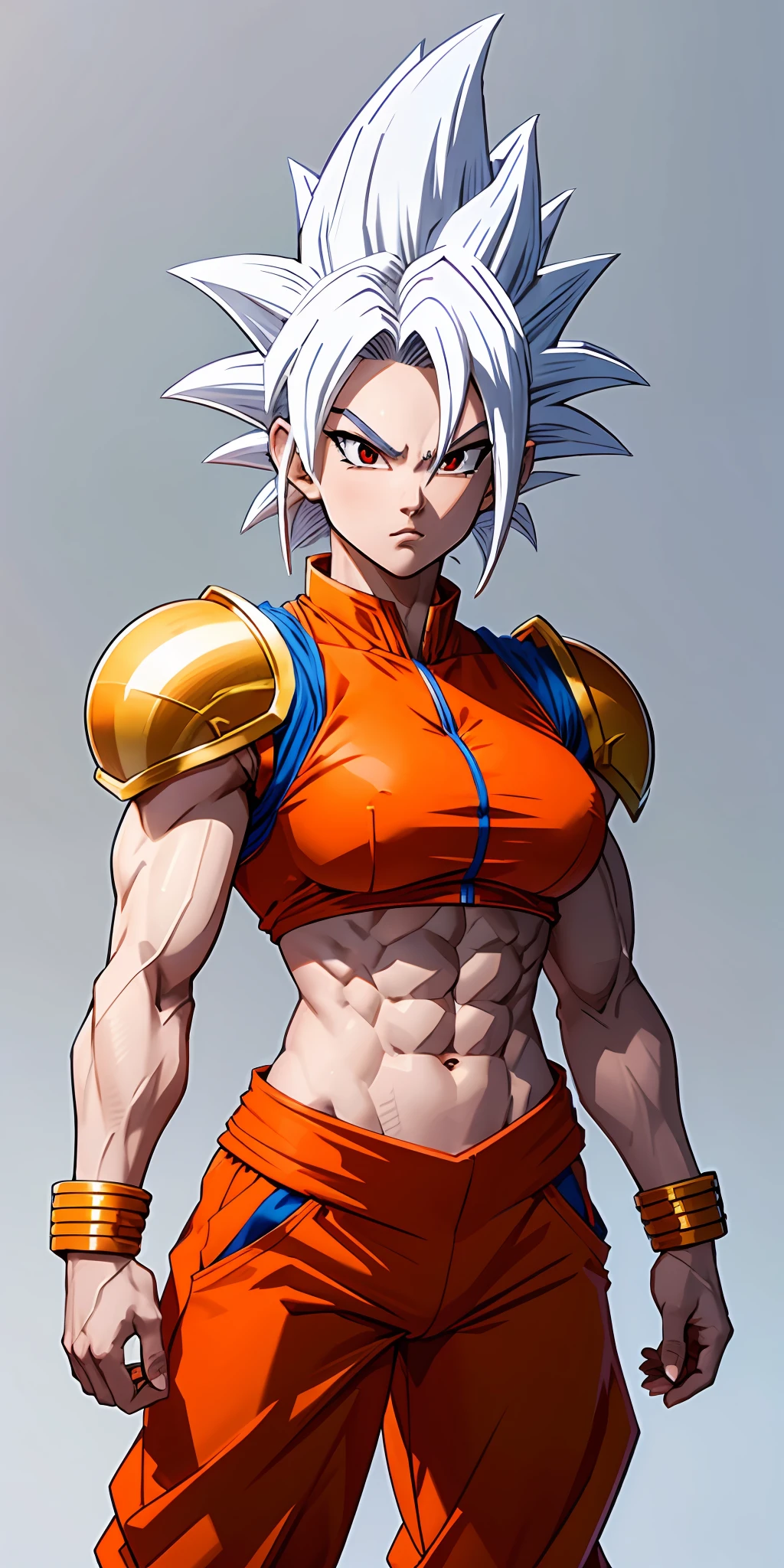 goku dragon ball bodybuilder, beautiful face, serious face, white hair, red eyes, perfect body, fit body, abs, big breasts, muscular,blue and orange armor