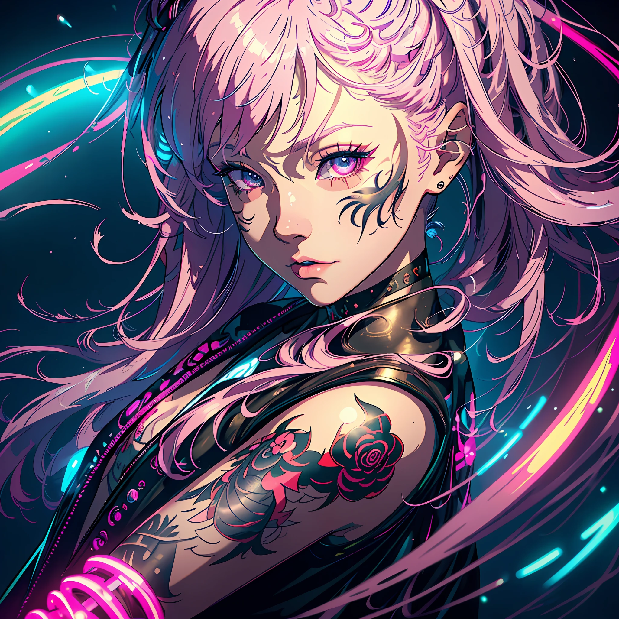 masterpiece, best quality, ultra-detailed, texture, detail eyes,8k, 1girl, Sukuna, a girl with pink hair,wearing a white haori, tattoo_ryoumen, tattoo_on_his_face, looking at viewer,close up shot, detailed eyes, detailed face, (masterpiece:1.4),(best quality:1.4),(shiny skin),realistic, bright, neon lights, night, midnight, city, cyberpunk, light , highest quality digital art, official art for jjk