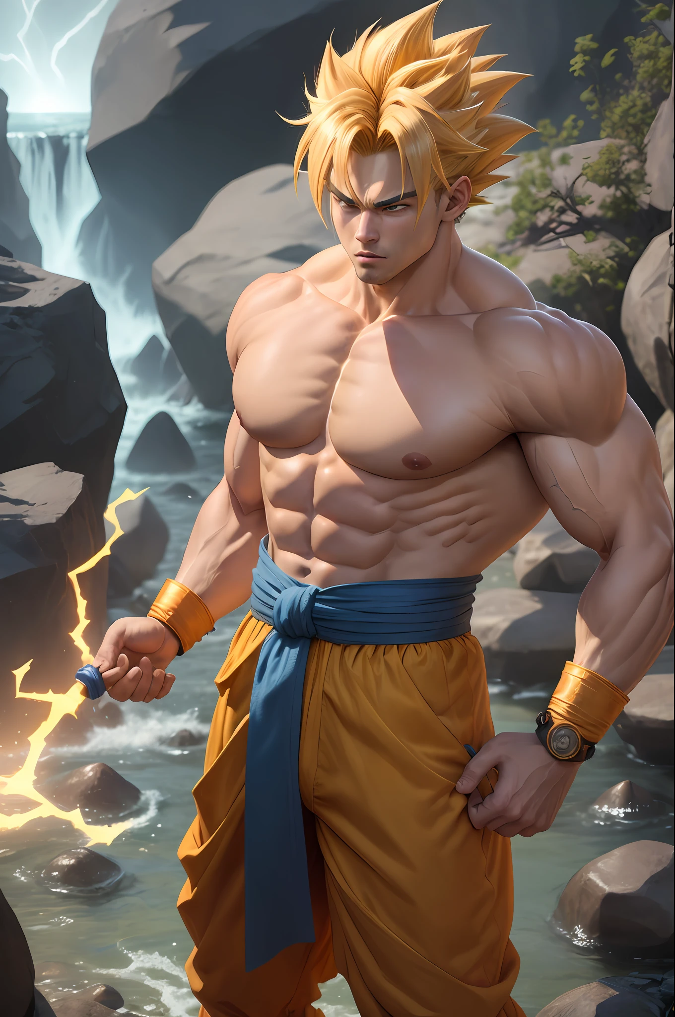 ((best quality)), ((masterpiece)), ((realistic)), (detailed), son goku, 1boy, biceps, blonde hair, green eyes, blue sash, blue wristband, clenched hands, collarbone, dougi, electricity, energy, floating rocks, yellow aura, frown, looking at viewer, full body, male focus, muscular, muscular male, pectorals, rock, sash, scratches, serious, solo, spiked hair, super saiyan, super saiyan 1, topless male, v-shaped eyebrows, wristband, , insanely detailed, detailed background, ((masterpiece)), absurdres, 8k uhd