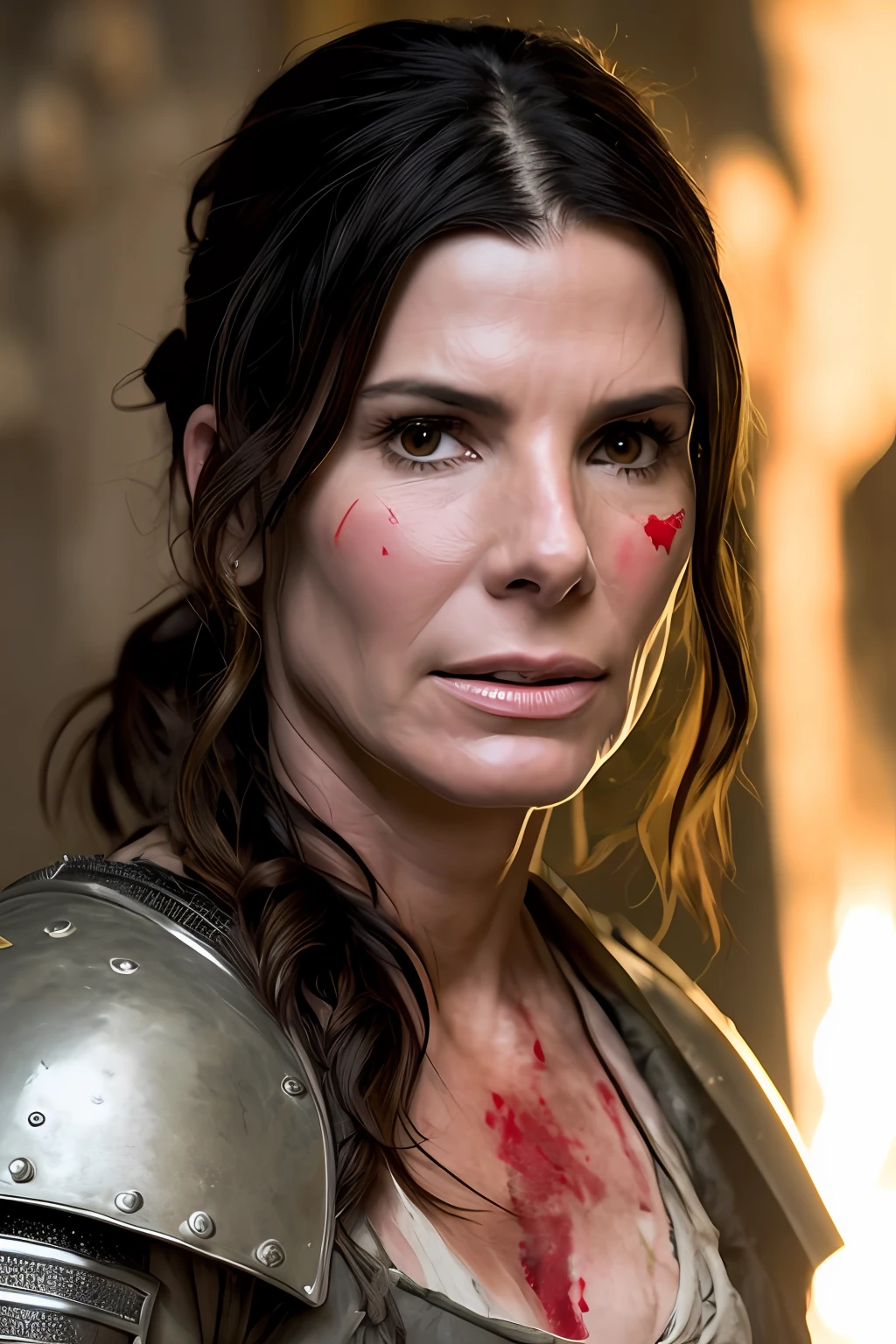 Sandra Bullock as a bloodied, sweaty, dusty medieval warrior in a scene of war and suffering