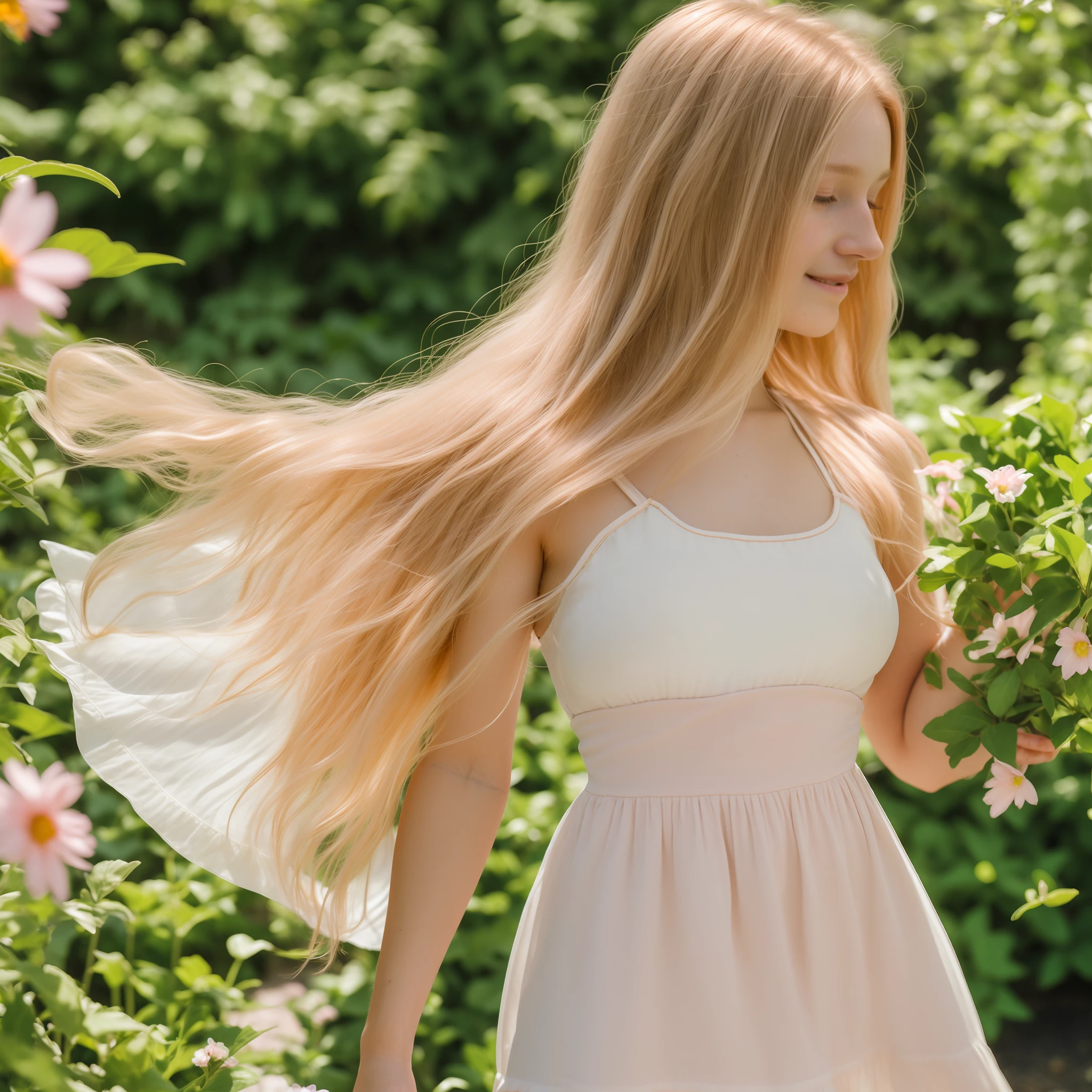 [(extremely detailed, ultra-realistic), (1girl), (green garden, bright sun, flower in hand), (delicate, bright, summer),(dynamic angle|close-up shot), (copper blonde hair|tinges of pink in the hair), (flowing dress|white sundress), (lensflare, smooth and soft focus, warm color grading),:0.85]