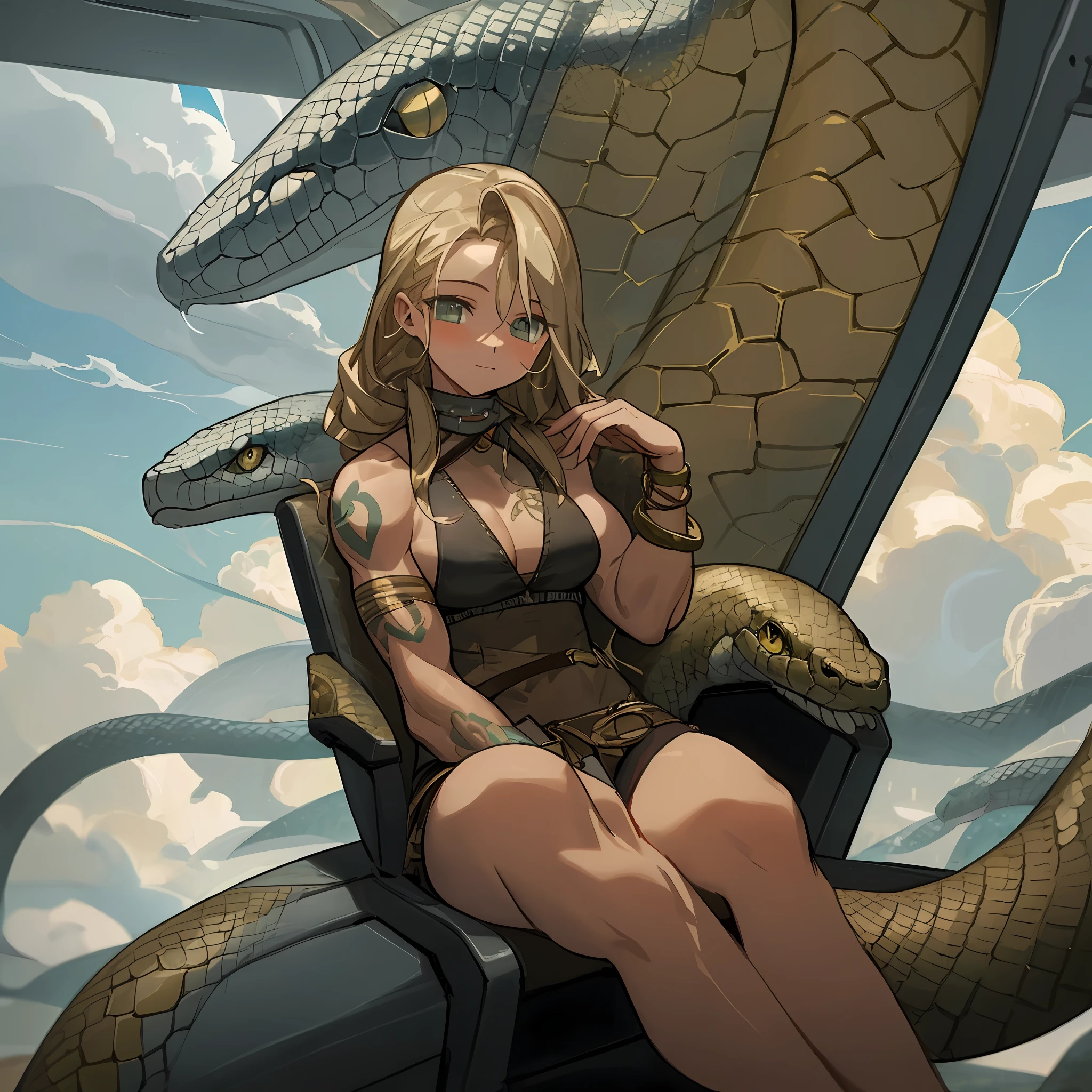 Woman sitting on a seat in an airplane looking at the storm, lightning, clouds, dark, muscles, gold ring, gang snake tattoo
