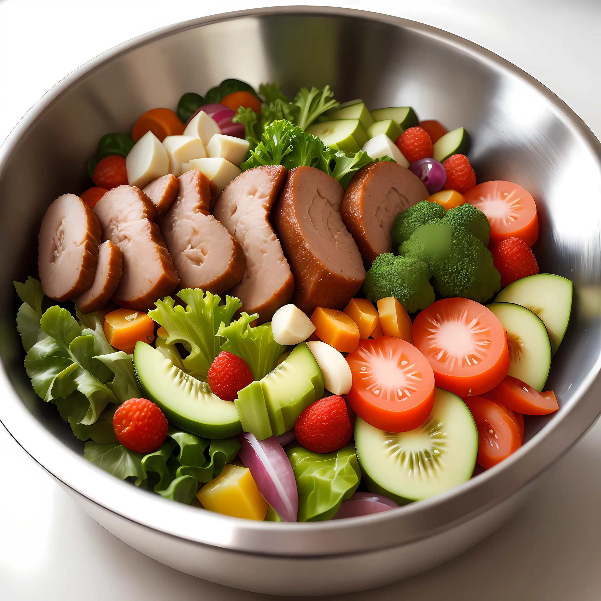 Natural food for dogs, in a stainless steel bowl, full of vegetables, greens, fruits and meat