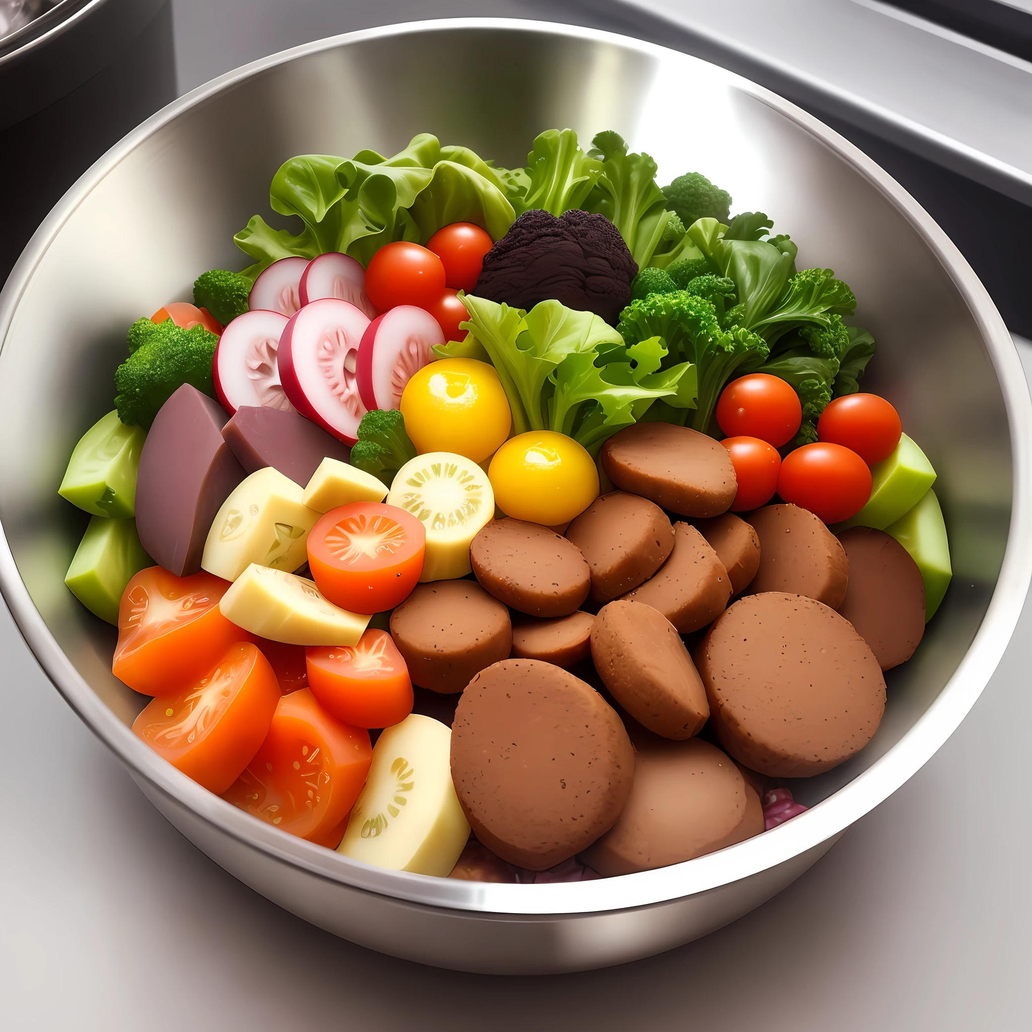 Natural food for dogs, in a stainless steel bowl, full of vegetables, greens, fruits and meat