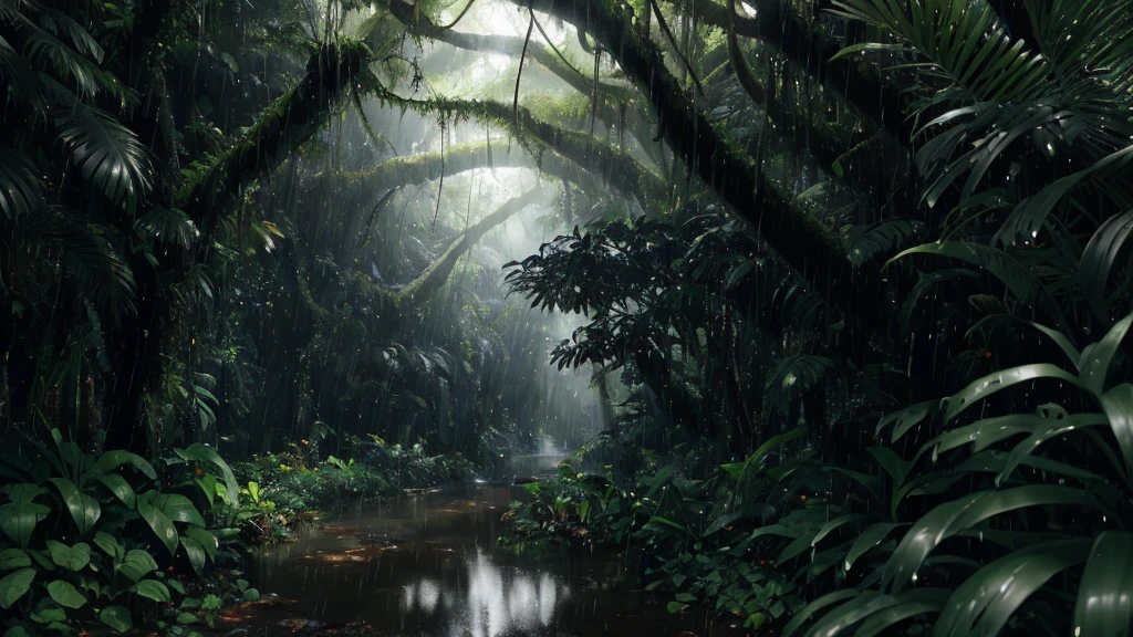 A jungle, with intense rainfall, monochromatic, vines all around, giant and wet trees, masterpiece, best quality, high quality, extremely detailed CG unity 8k wallpaper, oil paiting, award winning photography, Bokeh, Depth of Field, HDR, bloom, Chromatic Aberration ,Photorealistic,extremely detailed, trending on artstation, trending on CGsociety, Intricate, High Detail, dramatic, art by midjourney, volumetric lighting.
Image Size : 960x536