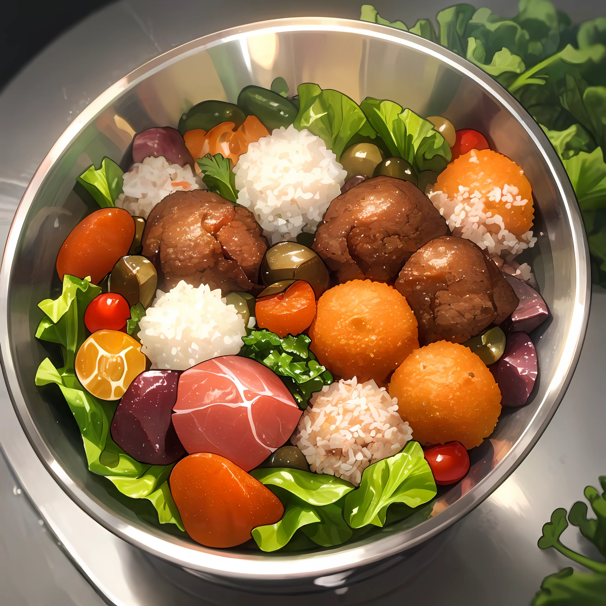 Natural food for dogs, in a stainless steel bowl, full of vegetables, greens, fruits and meat