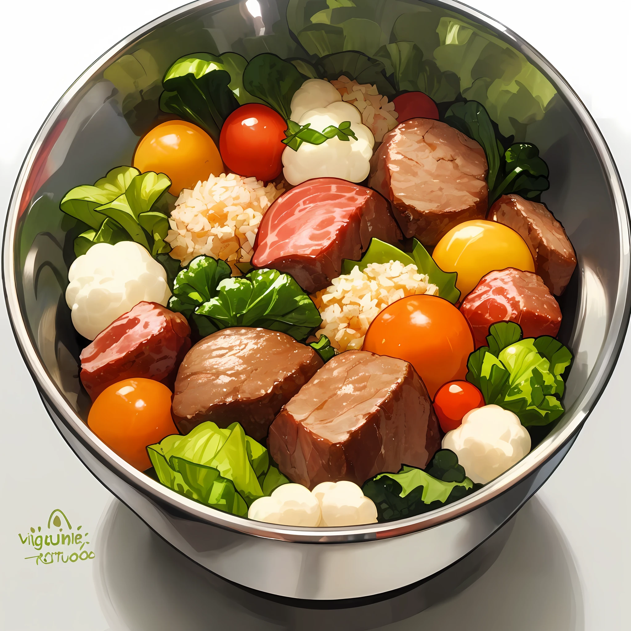 Natural food for dogs, in a stainless steel bowl, full of vegetables, greens, fruits and meat