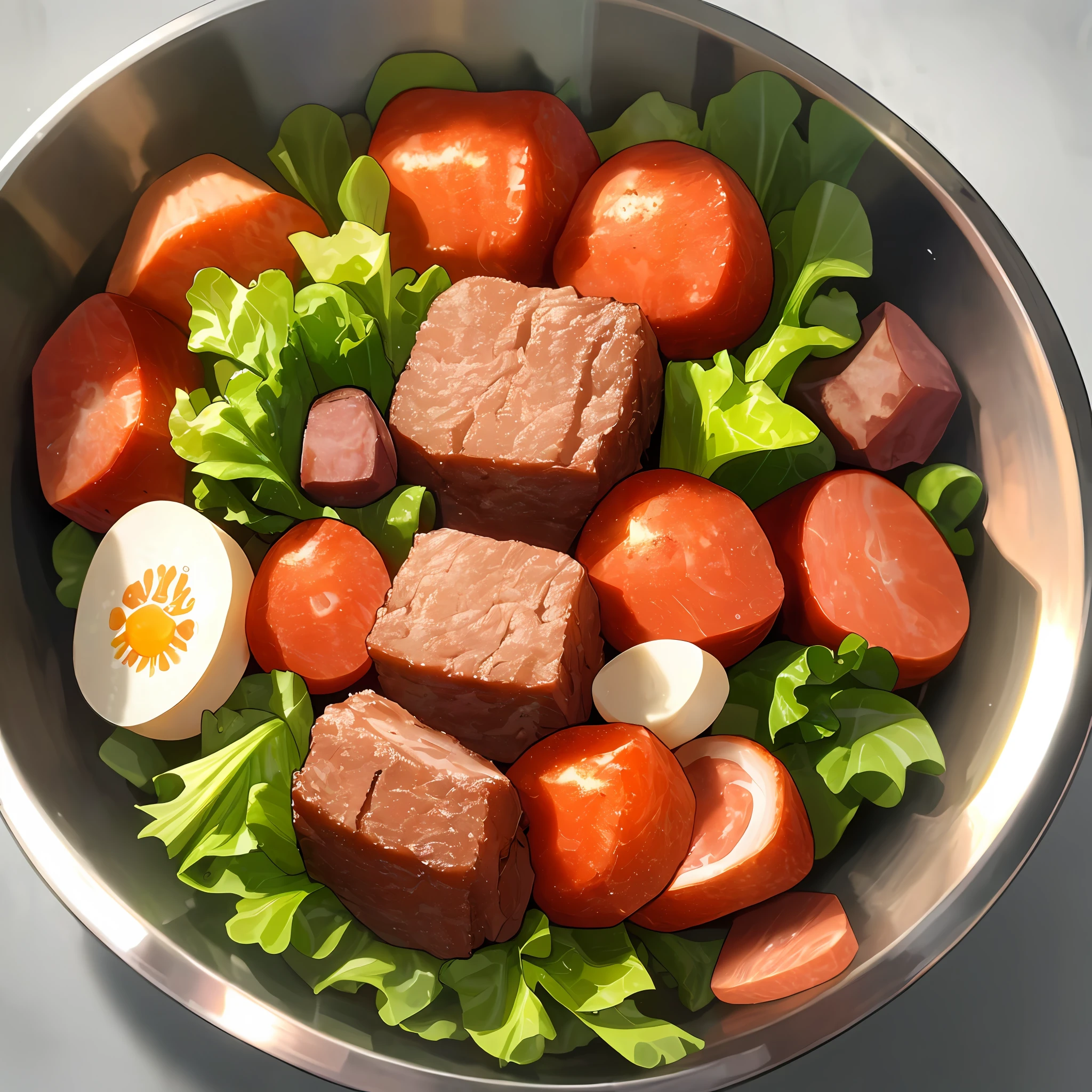 Natural food for dogs, in a stainless steel bowl, full of vegetables, greens, fruits and meat
