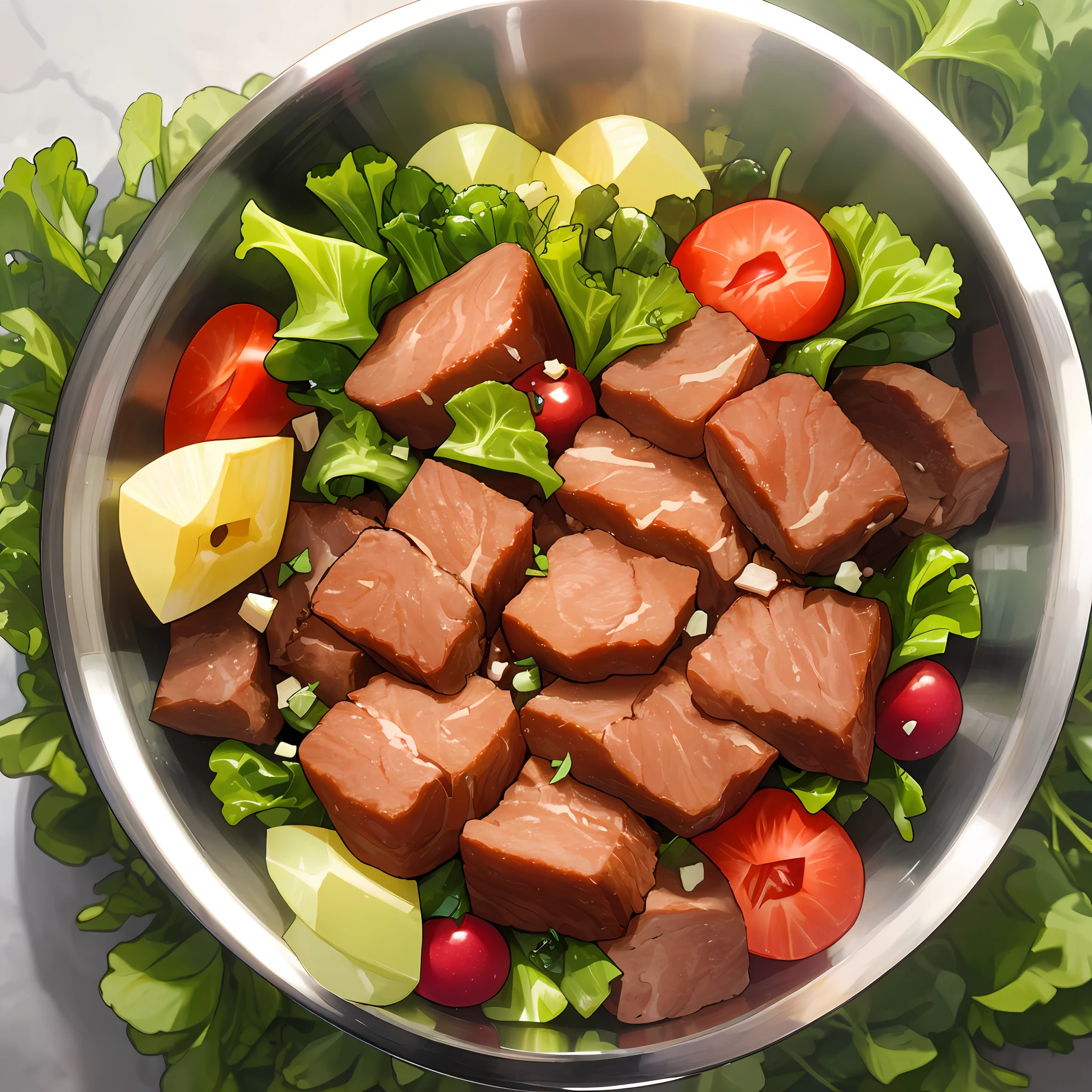 Natural food for dogs, in a stainless steel bowl, full of vegetables, greens, fruits and meat