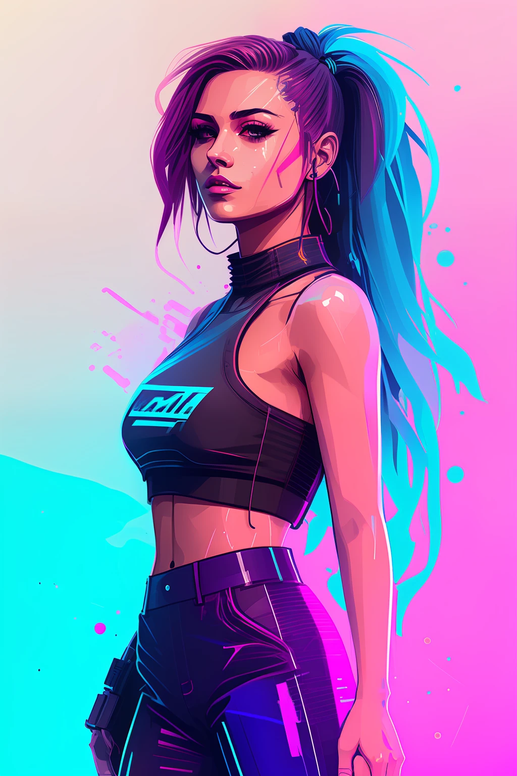 snthwve style nvinkpunk award winning half body portrait of a woman in a croptop and cargo pants with ombre navy blue teal hairstyle with head in motion and hair flying, paint splashes, splatter, outrun, vaporware, shaded flat illustration, digital art, trending on artstation, highly detailed, fine detail, intricate