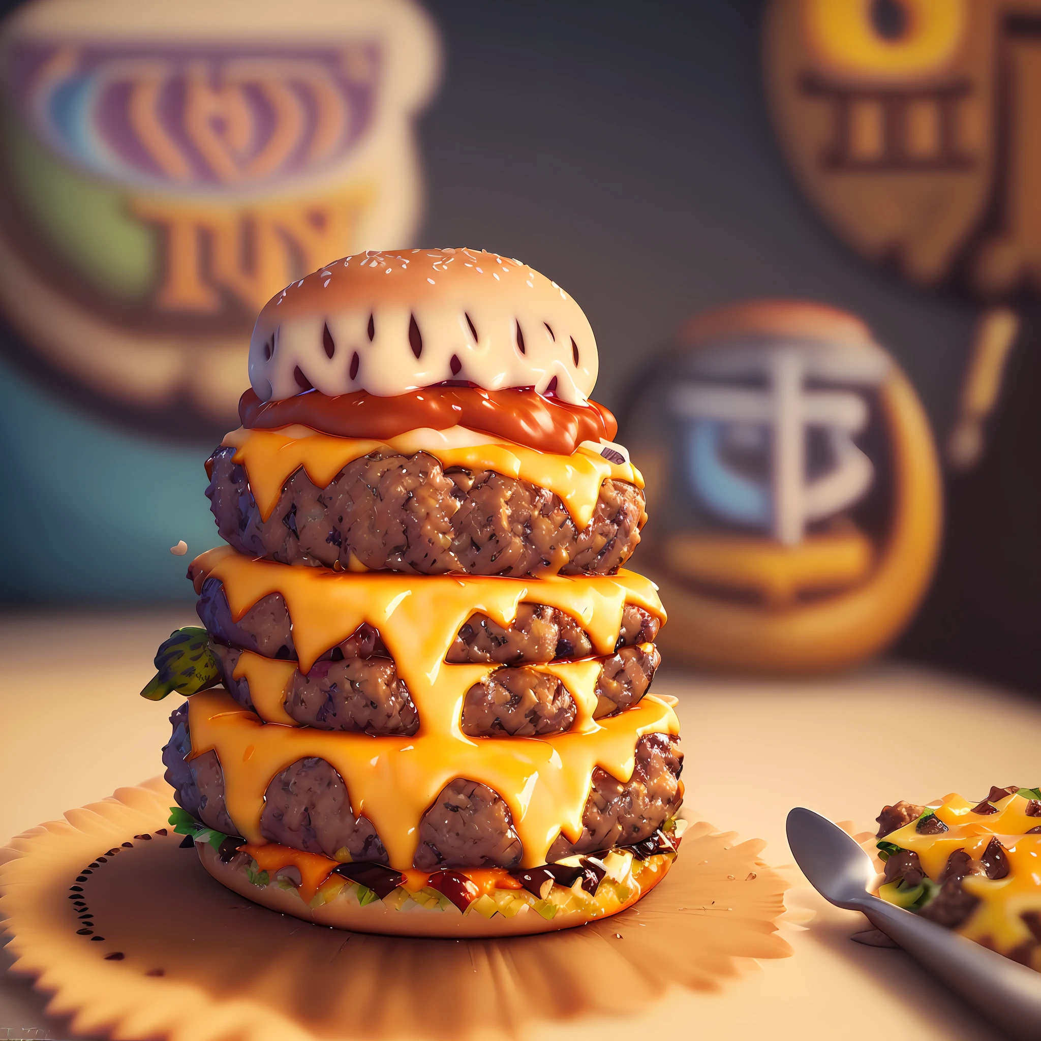 ((best quality)), ((masterpiece)), (detailed), (MOCKUP of juicy fluffy cheeseburger in fun pixar style pose:1.8), foodmade, smash, delicious, Irresistible, golden ratio symmetry, photography centered color studio, vibrant and appetizing colors, mouthwatering details, charming textures, cheerful and inviting atmosphere, whimsical background elements complementing the story, comic style, professional color grading, photo studio window lighting, focus sharp, two tone lighting, advertising, octane, unrealistic, high resolution pixar style food photography, masterpiece, ultra detailed, highly detailed, high definition, perfect composition, intricate, cute and beautiful, sharp features, commercial photography in pixar style, beautiful detailed intricate octane insanderization trending in pixar style artstation, award winning photography, sharp detail, high resolution, stock photo, all pixar style, (fantasy illustration: 1.3), (high res: 1.2)