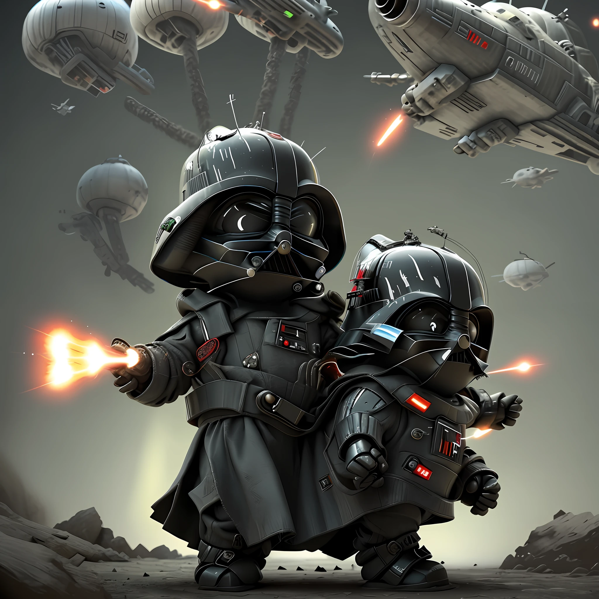 cartoon style child darth vader with lit lightsaber with spaceships in the sky