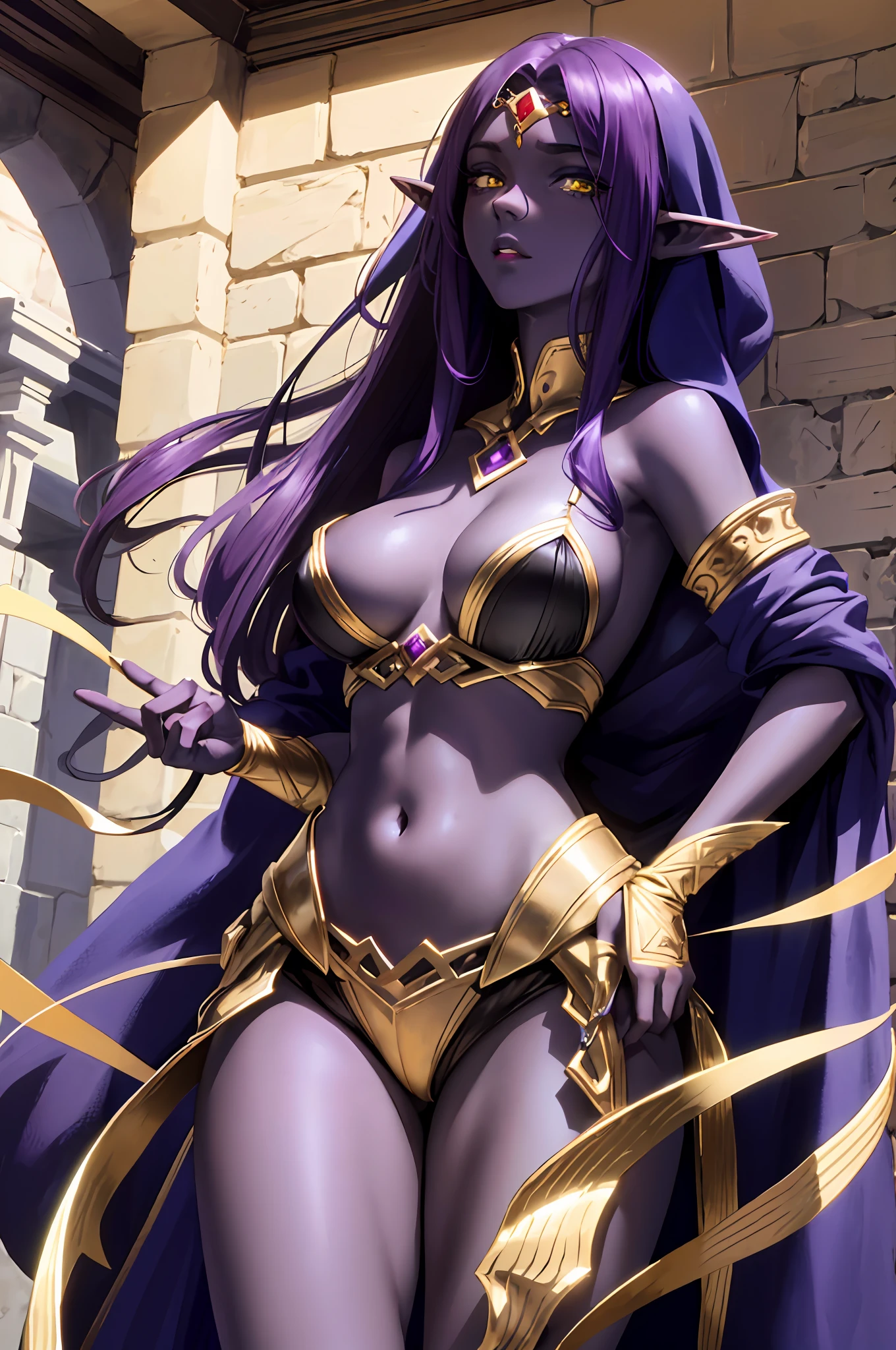 A tall and beautiful elf woman, with yellow pupils, contempt in her eyes, a cold expression, a haughty posture, a straight chest, dark skin, a purple transparent veil, purple tied hair, showing her chest and shoulders , showing her navel and thighs, looking up at the camera, in a medieval inn.
