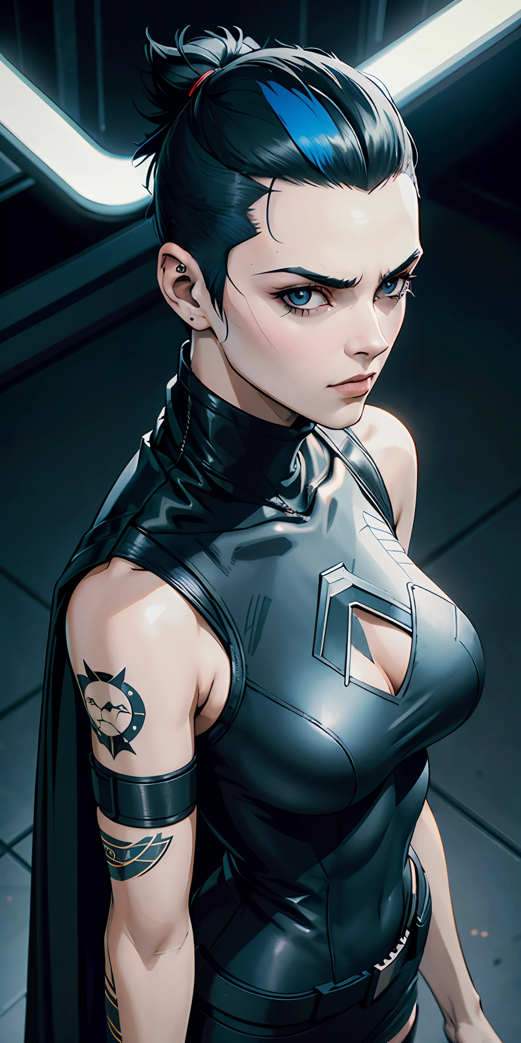 Wearing a long black cape and a turtle neck t-shirt, Butcher Billy, Very High Angle, Shaved Sides Short Blue Hair, In the Future City, Cyberpunk 2077 , Aeon Flux, UHD, 8K