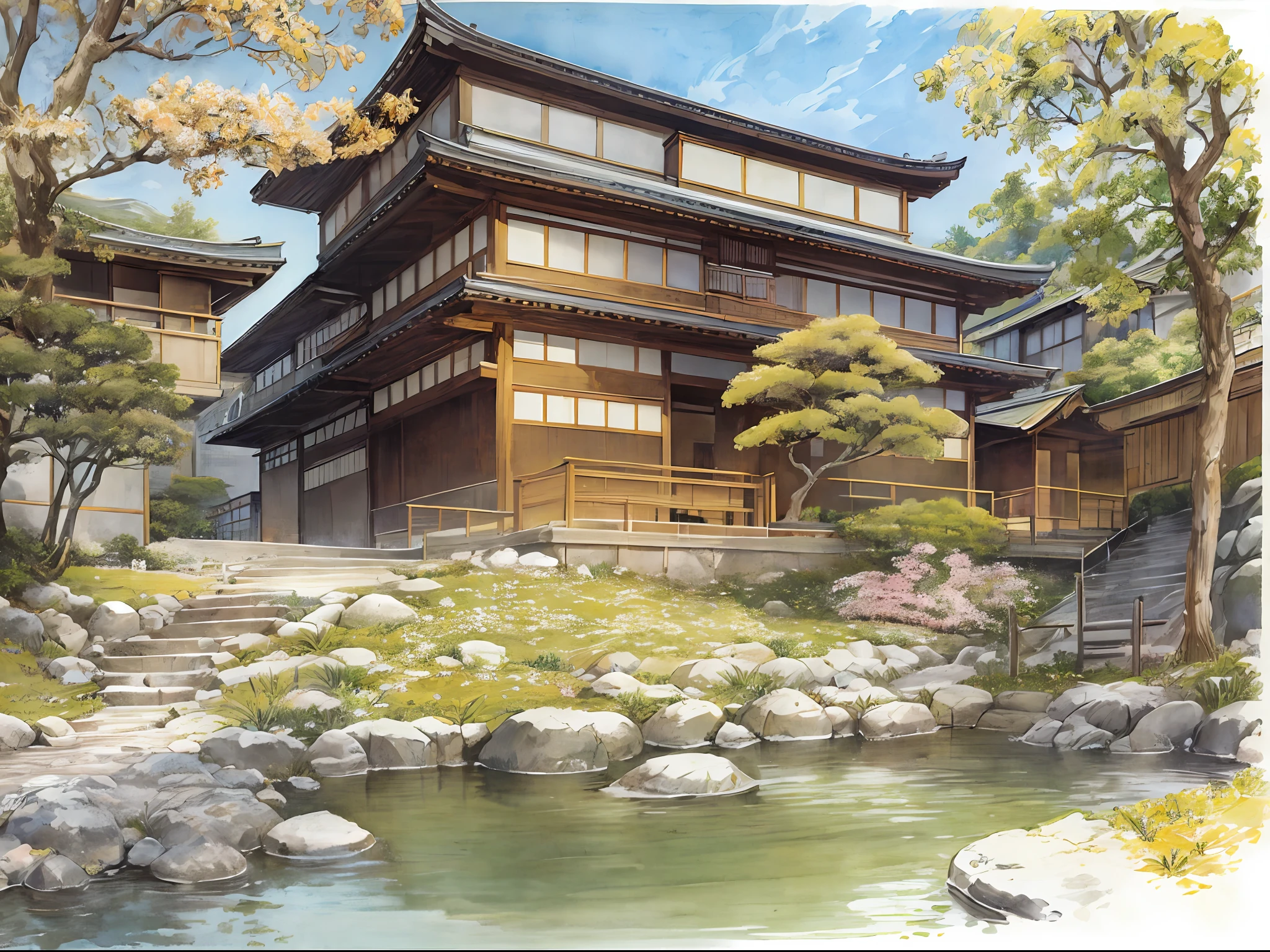 Delicate watercolour illustration of traditional Kyoto japan, cozy, beautiful composition, summer afternoon colour scheme, sharp details, intricate details