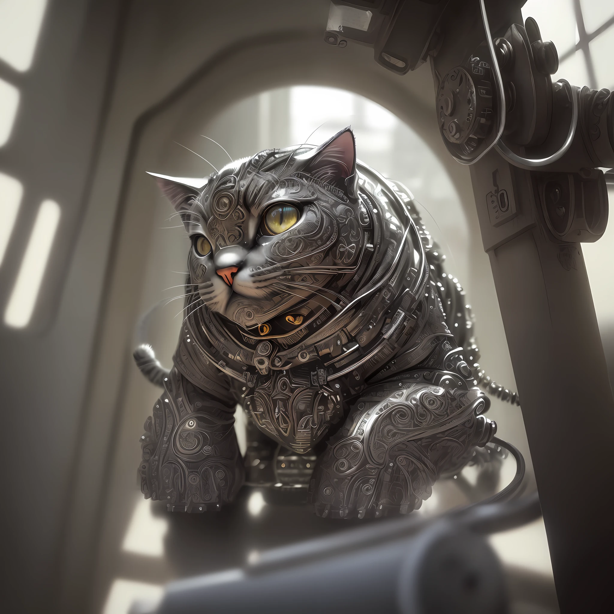 a cute kitten made out of metal, (cyborg:1.1), ([tail | detailed wire]:1.3), (intricate details), hdr, (intricate details, hyperdetailed:1.2), cinematic shot, vignette, centered