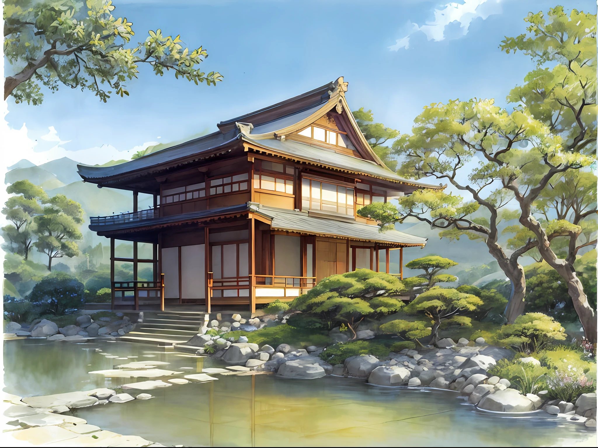 Delicate watercolour illustration of traditional  temple in Kyoto japan, cozy, beautiful composition, summer afternoon colour scheme, sharp details, intricate details