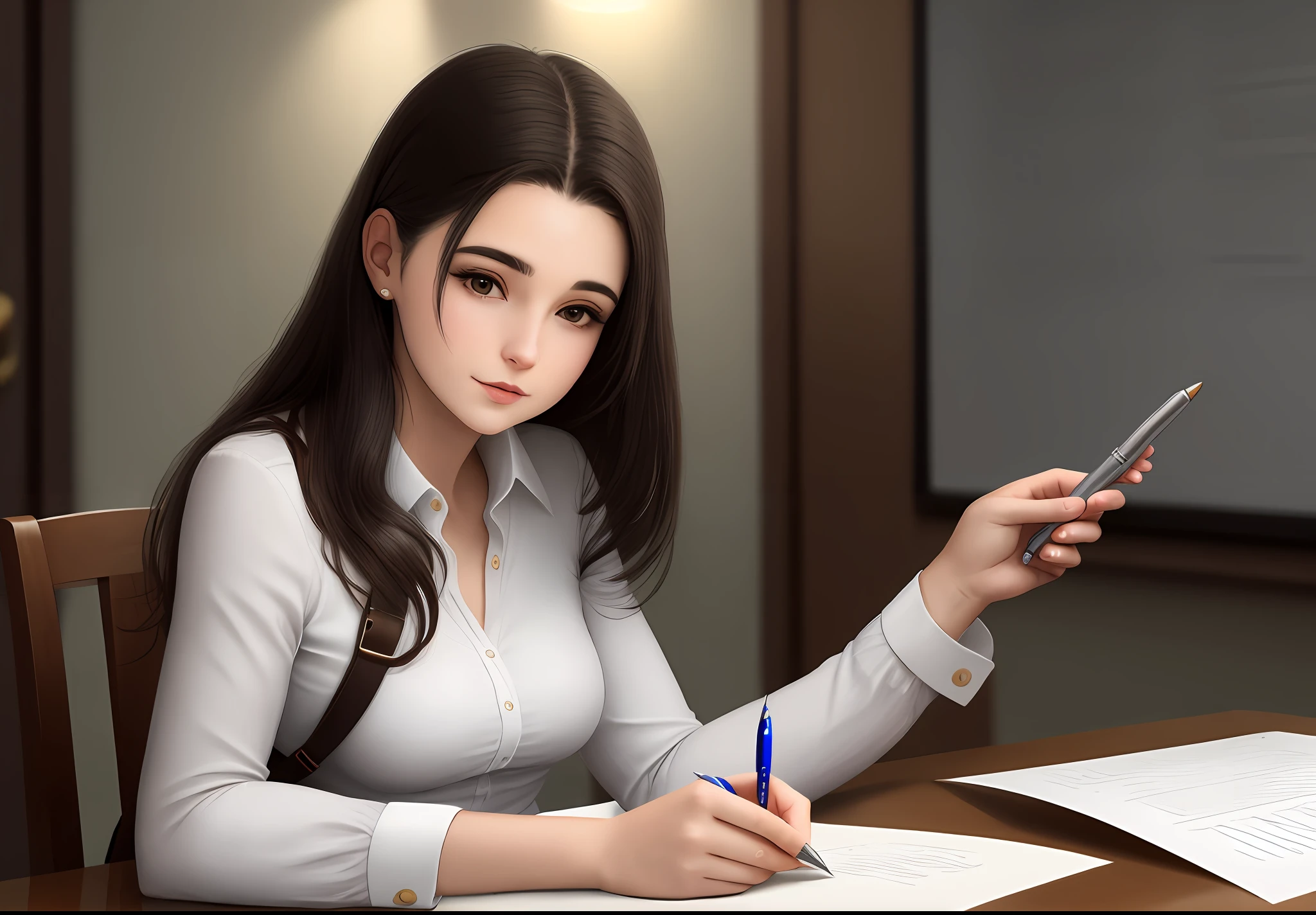 a woman holding a pen and paper