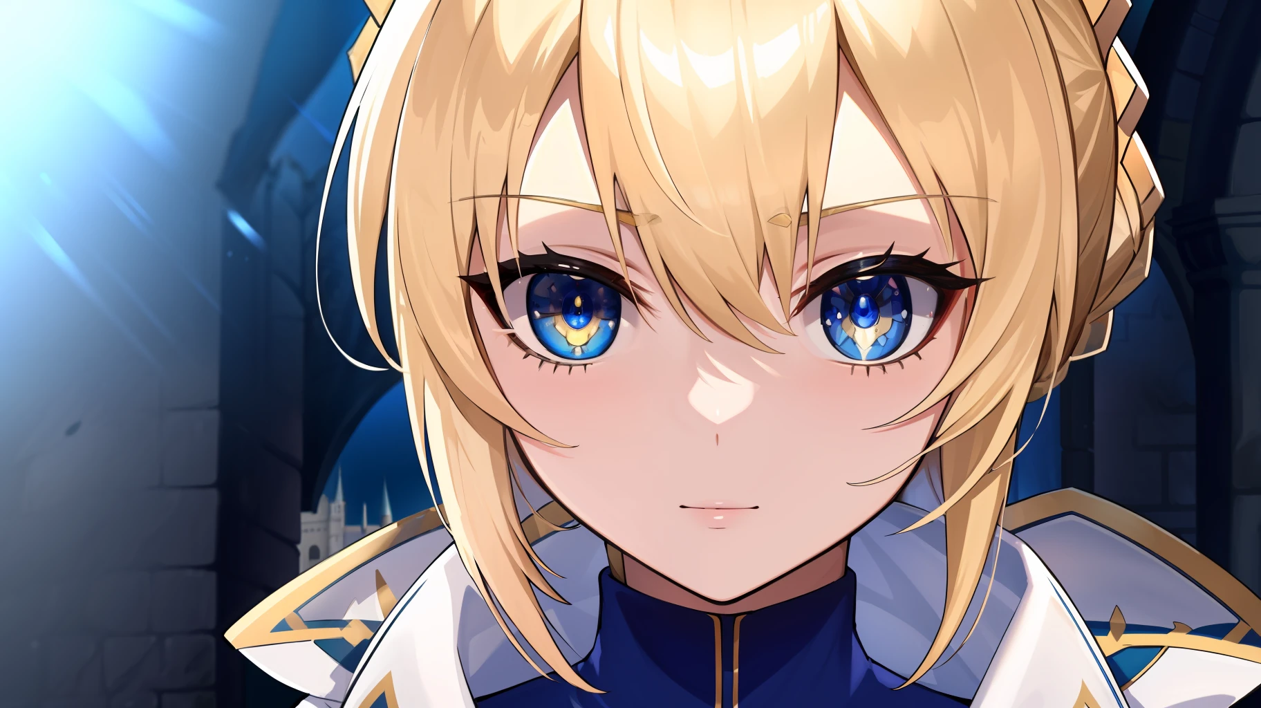 masterpiece, far-shot, highres, 4k, 8k, detailed illustration, ultra-detailed, digital art, detailed face, hyper-detailed eyes, super clear image, no blur, black pupils, eye highlight, highly detailed eyes, super high quality, super high detail, best quality, highly detailed lighting, best shadows, art by ydh2102, saber, artoria pendragon, 1girl, blond hair, blue eyes, royal knights attire, standing in front of a castle at daybreak,