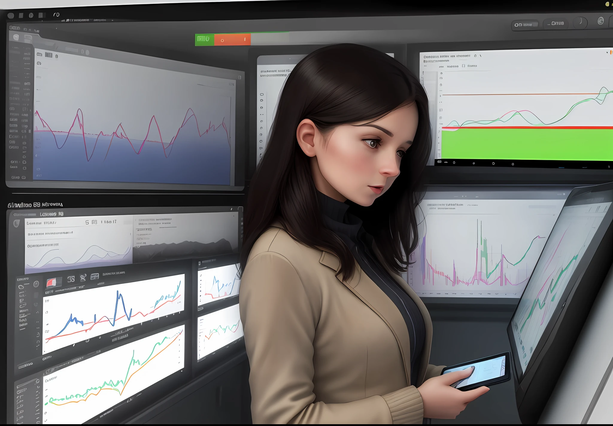 a woman holding a tablet with traffic graphs on the screen