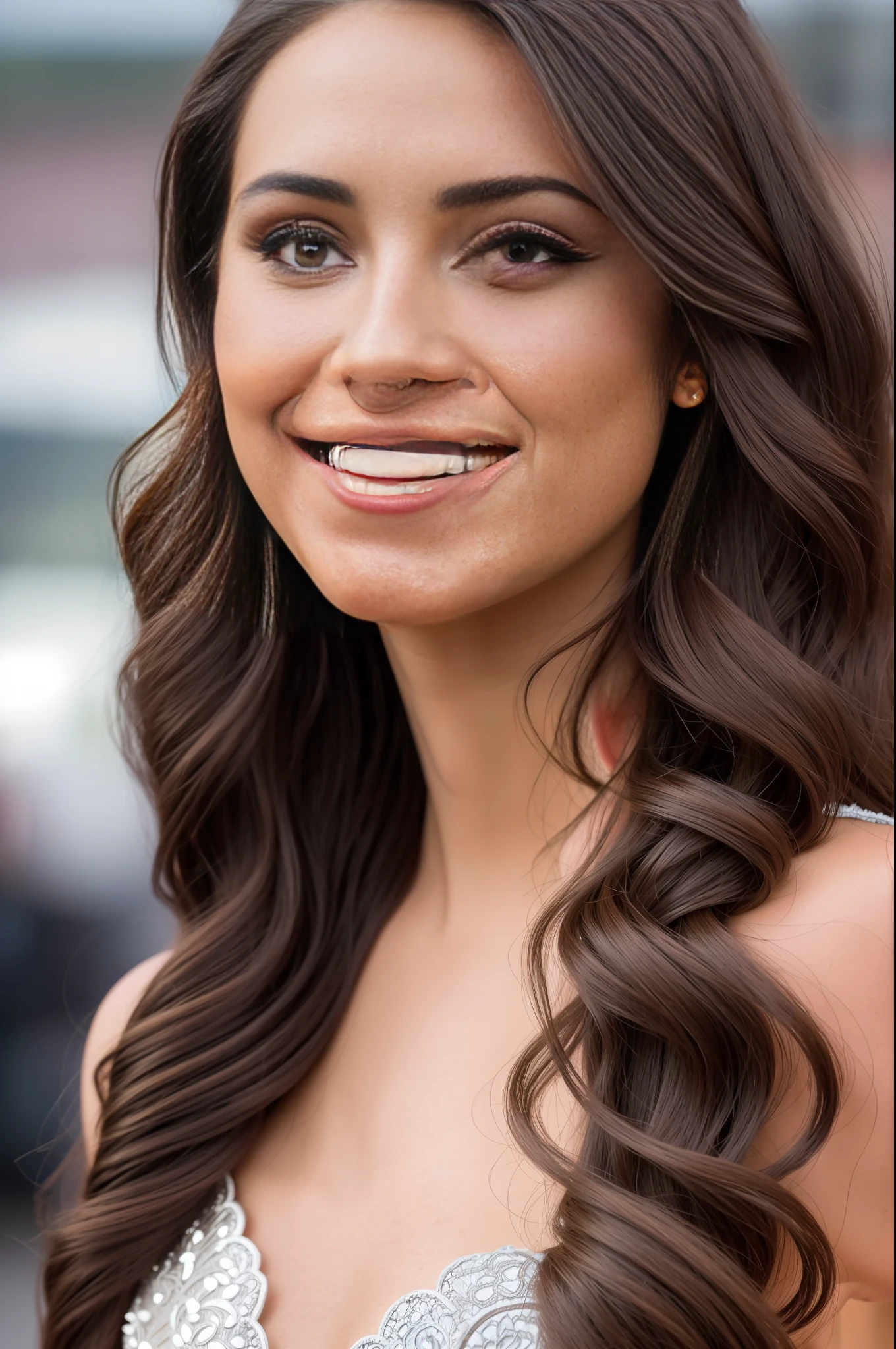 motorexpo, beautiful latina brunette wearing very detailed dress, 21 years old, innocent face, natural wavy hair, silver eyes, high resolution, masterpiece, best quality, intricate details, highly detailed, blinking, sharp focus, detailed skin, realistic texture skin texture, detailed eyes, professional, 4k, freckles, charming smile, shot on Canon, 85mm, shallow depth of field, kodak vision color, perfect fit body, extremely detailed, photo_\(ultra\), photorealistic, realistic, post-processing, maximum detail, roughness, real life, ultra realistic, photorealism, photography, 8k uhd, photography, SEMI-SILHOUETTE light, long hair