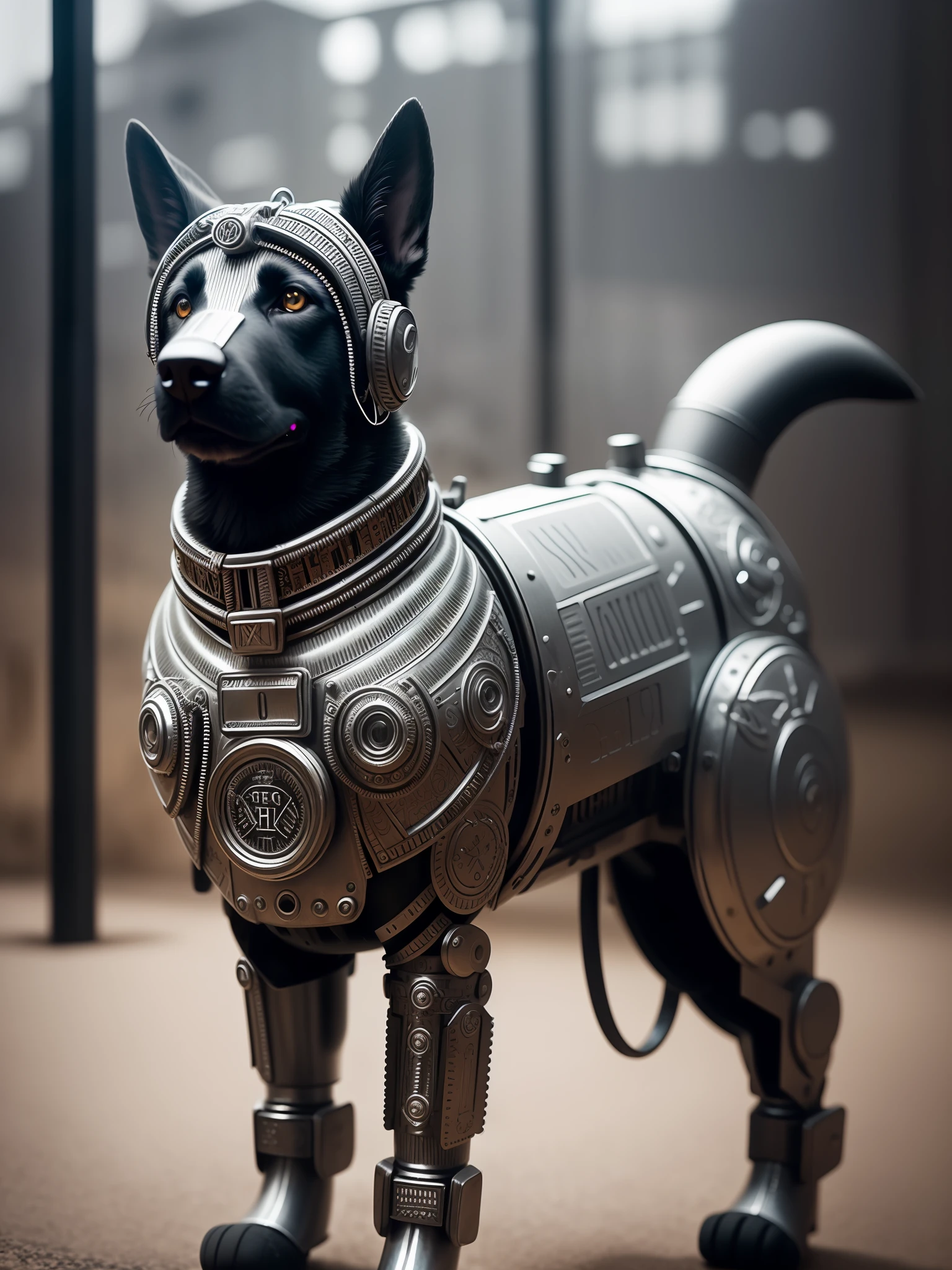 a cute german shepherd made out of metal, (cyborg:1.1), ([tail | detailed wire]:1.3), (intricate details), hdr, (intricate details, hyperdetailed:1.2), cinematic shot, vignette, centered