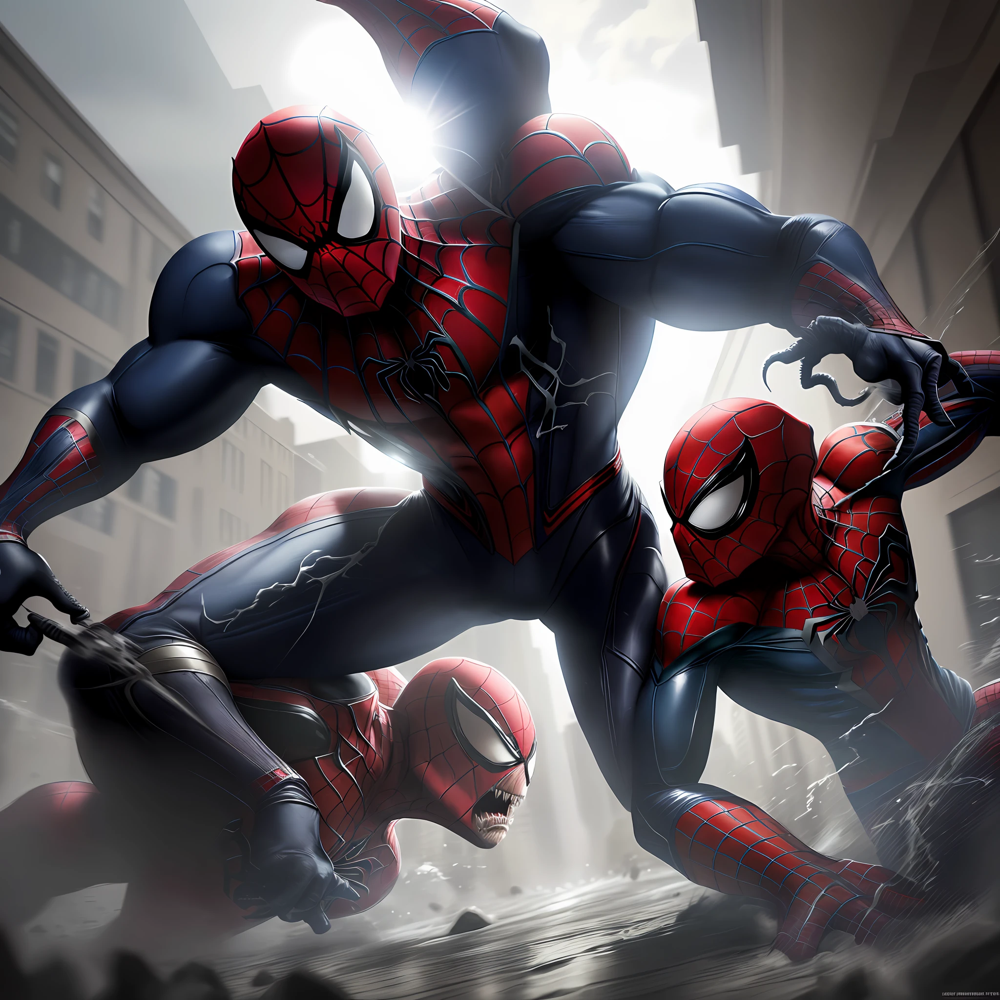 (extremely detailed 8k wallpaper), a picture of Spider-Man and Venom fighting