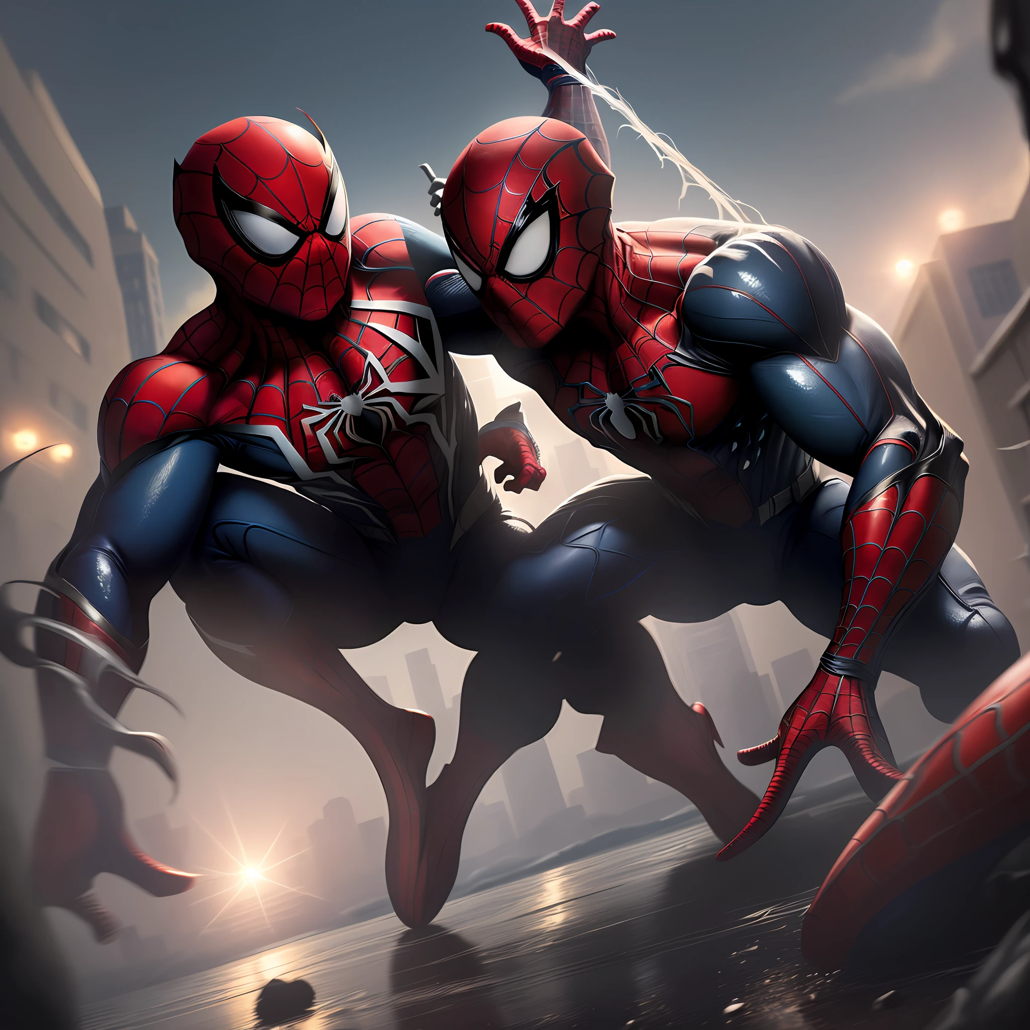(extremely detailed 8k wallpaper), a picture of Spider-Man and Venom fighting