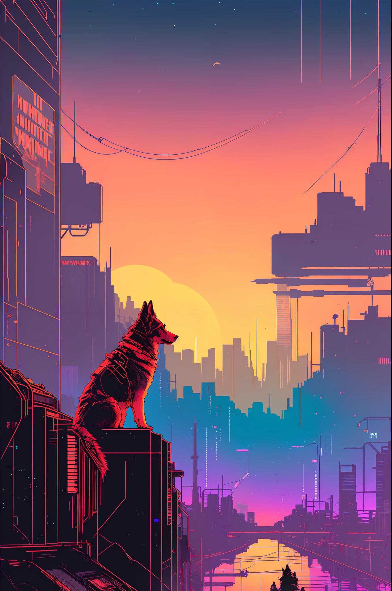 (nvinkpunk:1.2) (snthwve style:0.8) German shepherd, anthro, lightwave, sunset, intricate, highly detailed