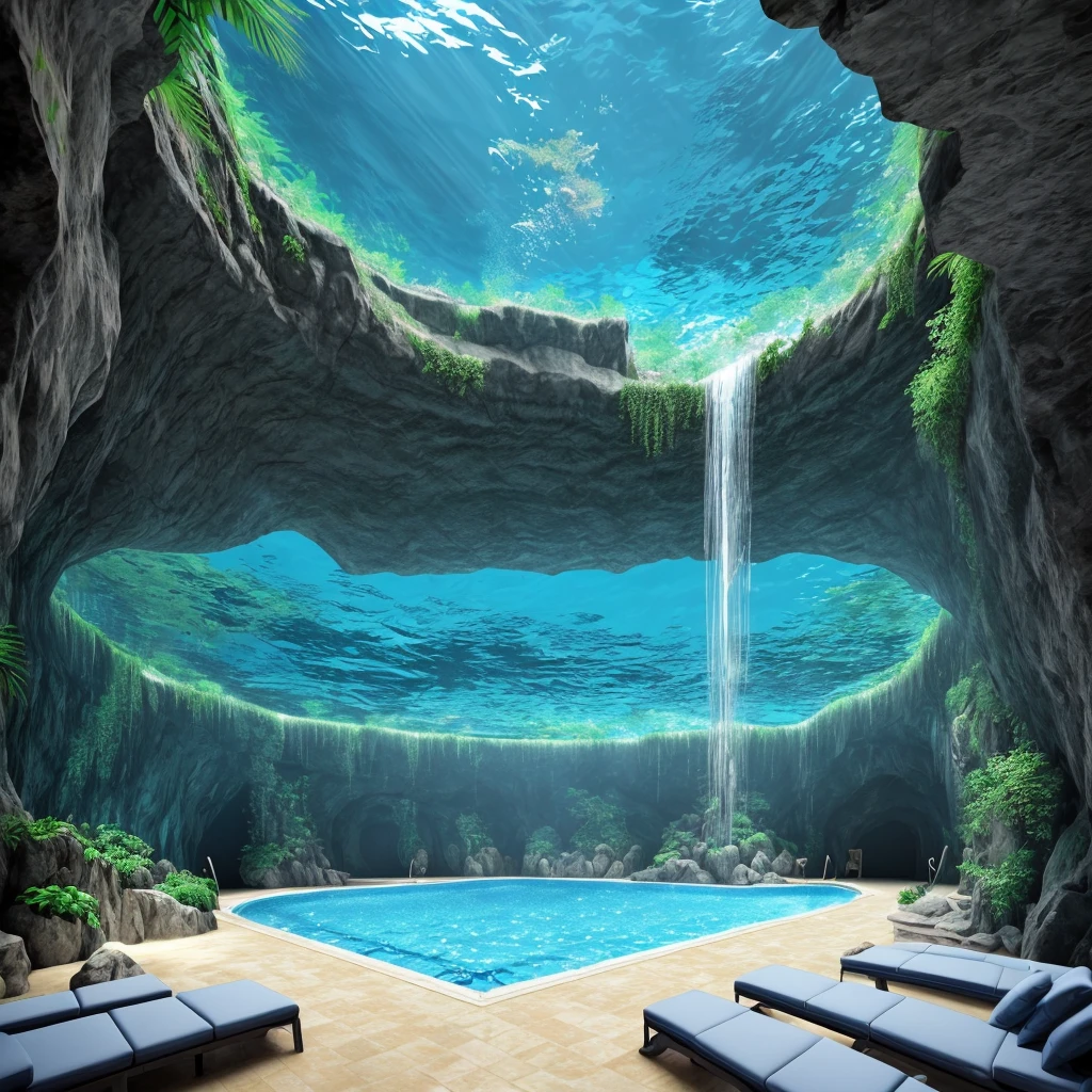 Indoor Olympic size swimming pool with artificial cave entry points, underwater grottos, high ceiling, 14 year old teen boy king swimming, waterfalls, underwater artificial caves, luxury