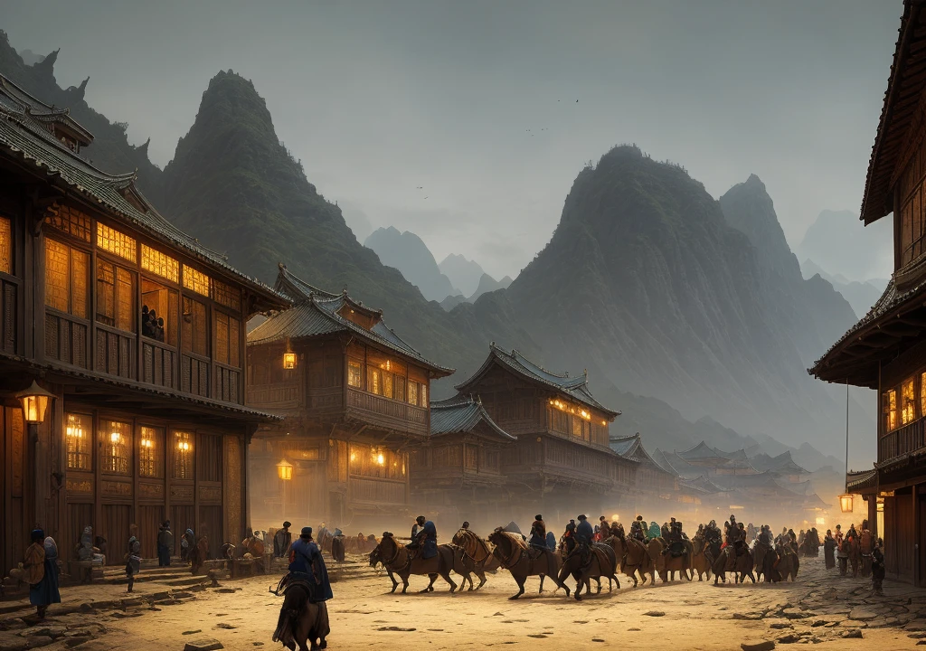 people riding horses in a town at night with mountains in the background, cinematic. by leng jun, andreas rocha style, by Raphael Lacoste, beautiful render of tang dynasty, inspired by Raphael Lacoste, martin raphael lacoste, by Fan Qi, style of raphael lacoste, by Ruan Jia, sci - fi mongolian village, epic cinematic concept art