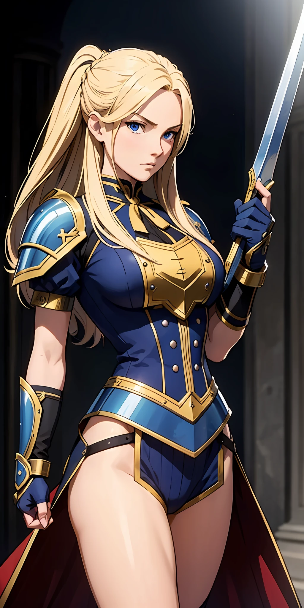 A determined and ambitious warrior with long blonde hair and blue eyes, wearing Victorian era armor, who fights to become the strongest.