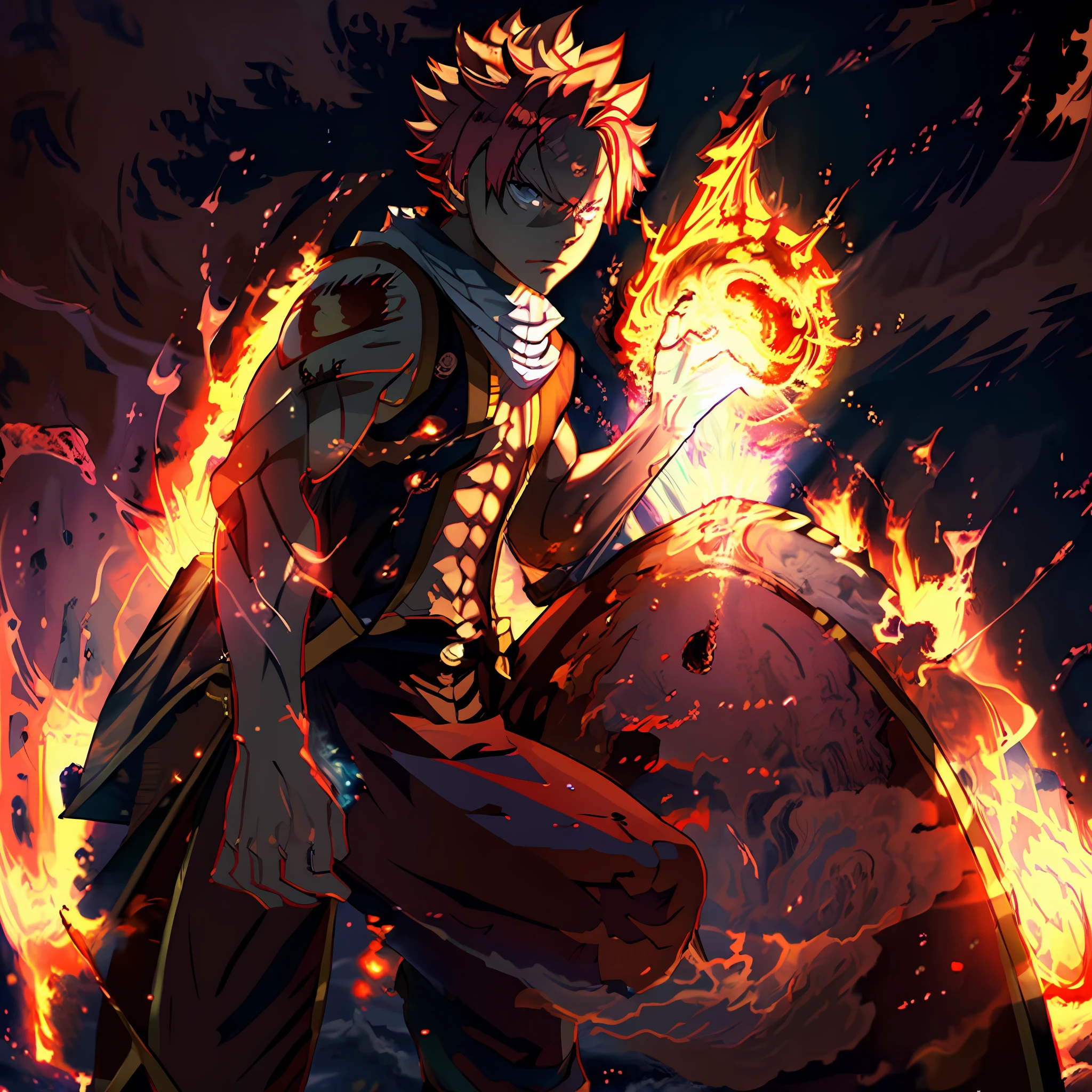 (Masterpiece,best quality:1.2),1boy,solo,natsu dragneel, surrounded by flames, character art,8k,64k, HD, unparalleled masterpiece, dynamic lighting, cinematic, epic, highest quality digital art, Stunning art, wallpaper 4k