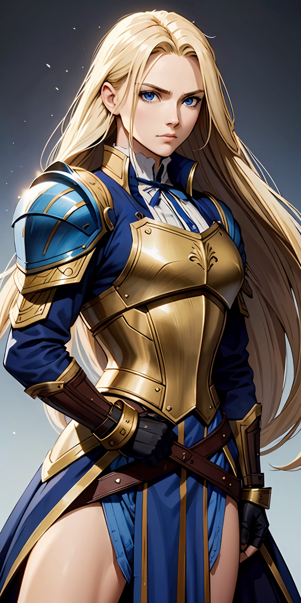 A determined and ambitious warrior with long blonde hair and blue eyes, wearing Victorian era armor, who fights to become the strongest.