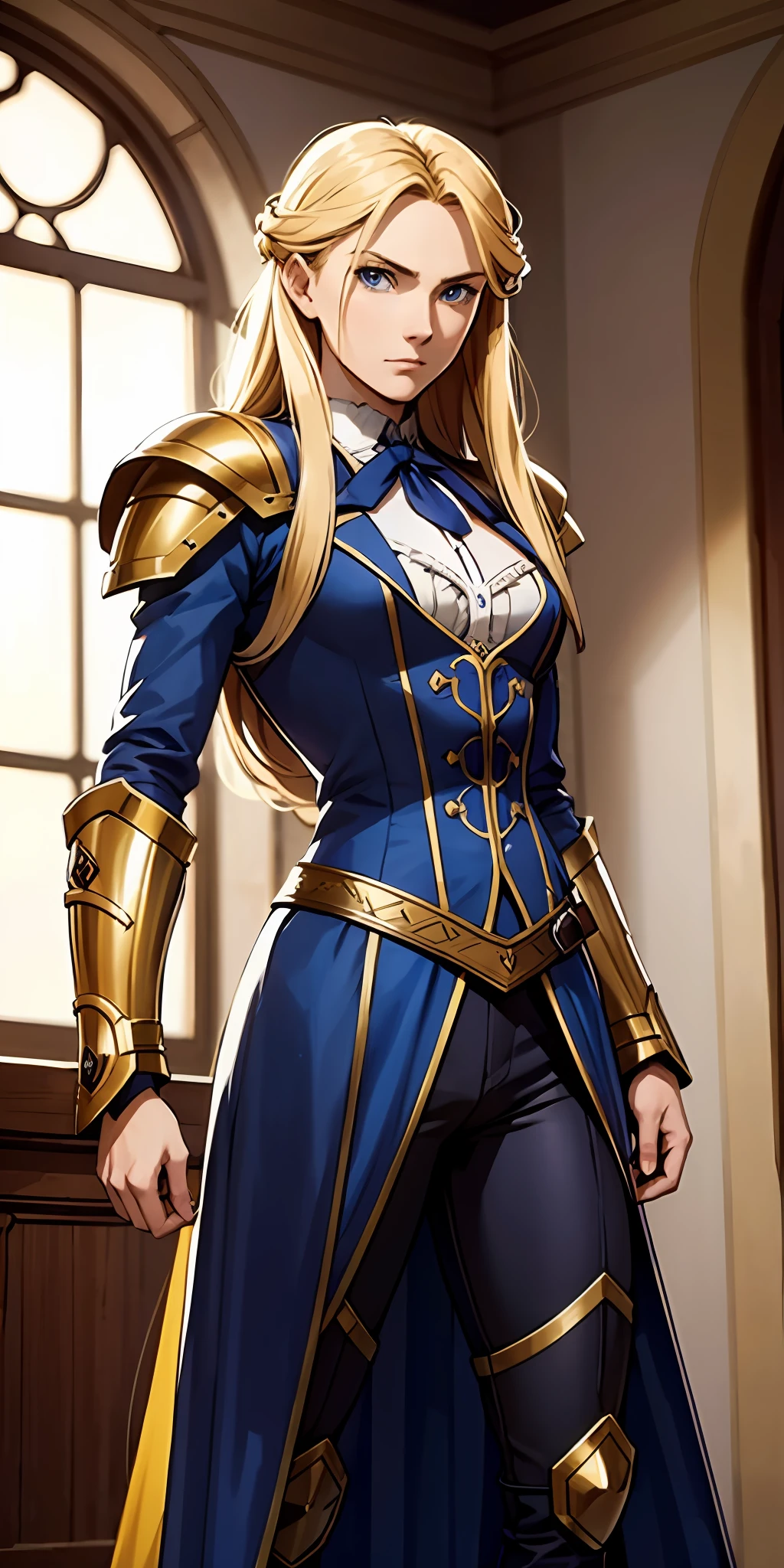 A determined and ambitious warrior with long blonde hair and blue eyes, wearing Victorian era armor, who fights to become the strongest.