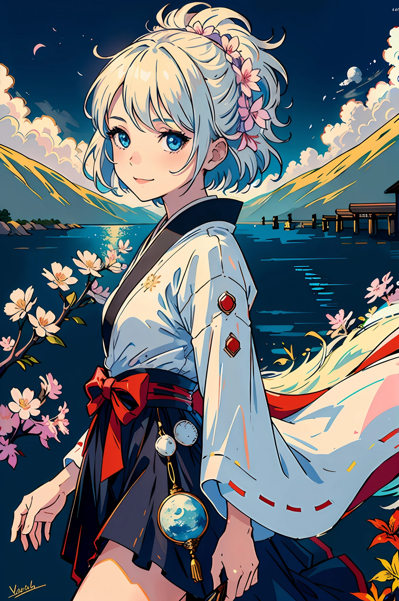 the girl is dressed in a white yukato, the moon is in the upper right corner
