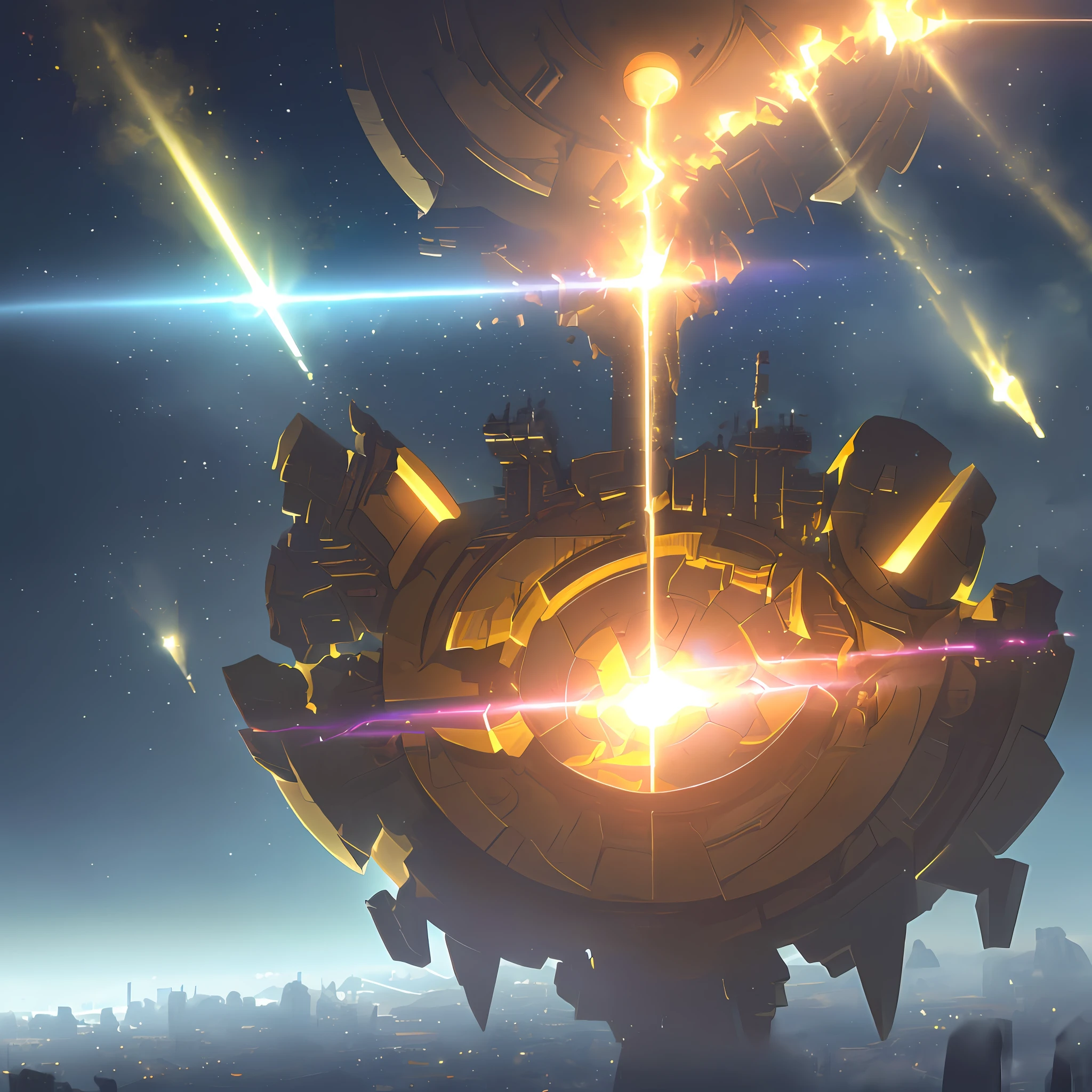 A giant spaceship in full view, being hit by a yellow laser beam, blows up a large part of it prominently in the wreckage. (Master Quality, Maximum Quality, Ultra-Detailed Detail, 8K Texture, Improved Lighting, Better Shadow, Dynamic Effect, Wide Color Gamut, Stylized Effect, High Particle Density)