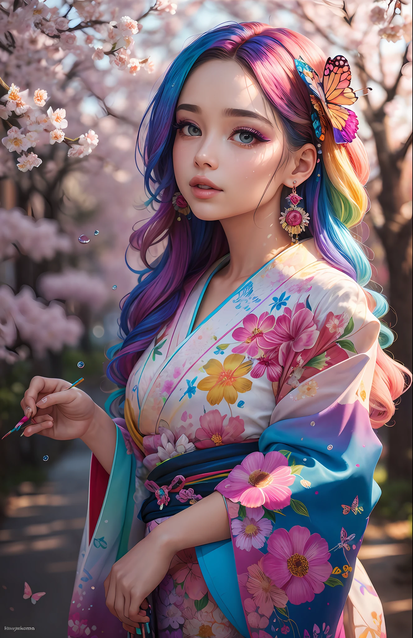 shukezouma, octane render, hdr, (hyperdetailed:1.15), (soft light, sharp:1.2), 1girl, beautiful girl, ultra detailed eyes, mature, plump, thick, rainbow painting drops, paint teardrops, woman made up from paint, entirely paint, splat, splash, long colored hair, kimono made from paint, ultra detailed texture kimono, rainbow paint kimono, paint bulb, paint drops, (hair ornaments, earrings, flowers hair ornaments, butterflies hair ornaments), outdoors, sakura trees