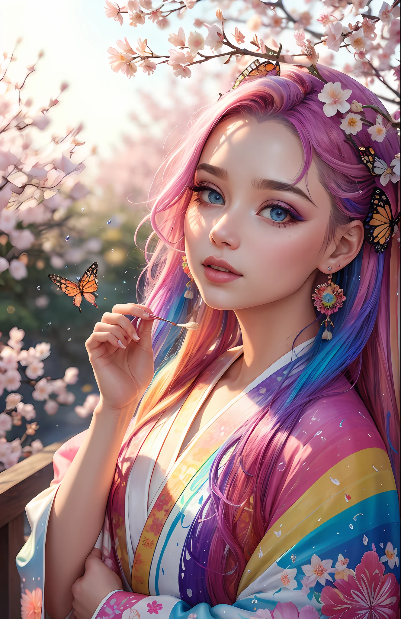 shukezouma, octane render, hdr, (hyperdetailed:1.15), (soft light, sharp:1.2), 1girl, beautiful girl, ultra detailed eyes, mature, plump, thick, rainbow painting drops, paint teardrops, woman made up from paint, entirely paint, splat, splash, long colored hair, kimono made from paint, ultra detailed texture kimono, rainbow paint kimono, paint bulb, paint drops, (hair ornaments, earrings, flowers hair ornaments, butterflies hair ornaments), outdoors, sakura trees