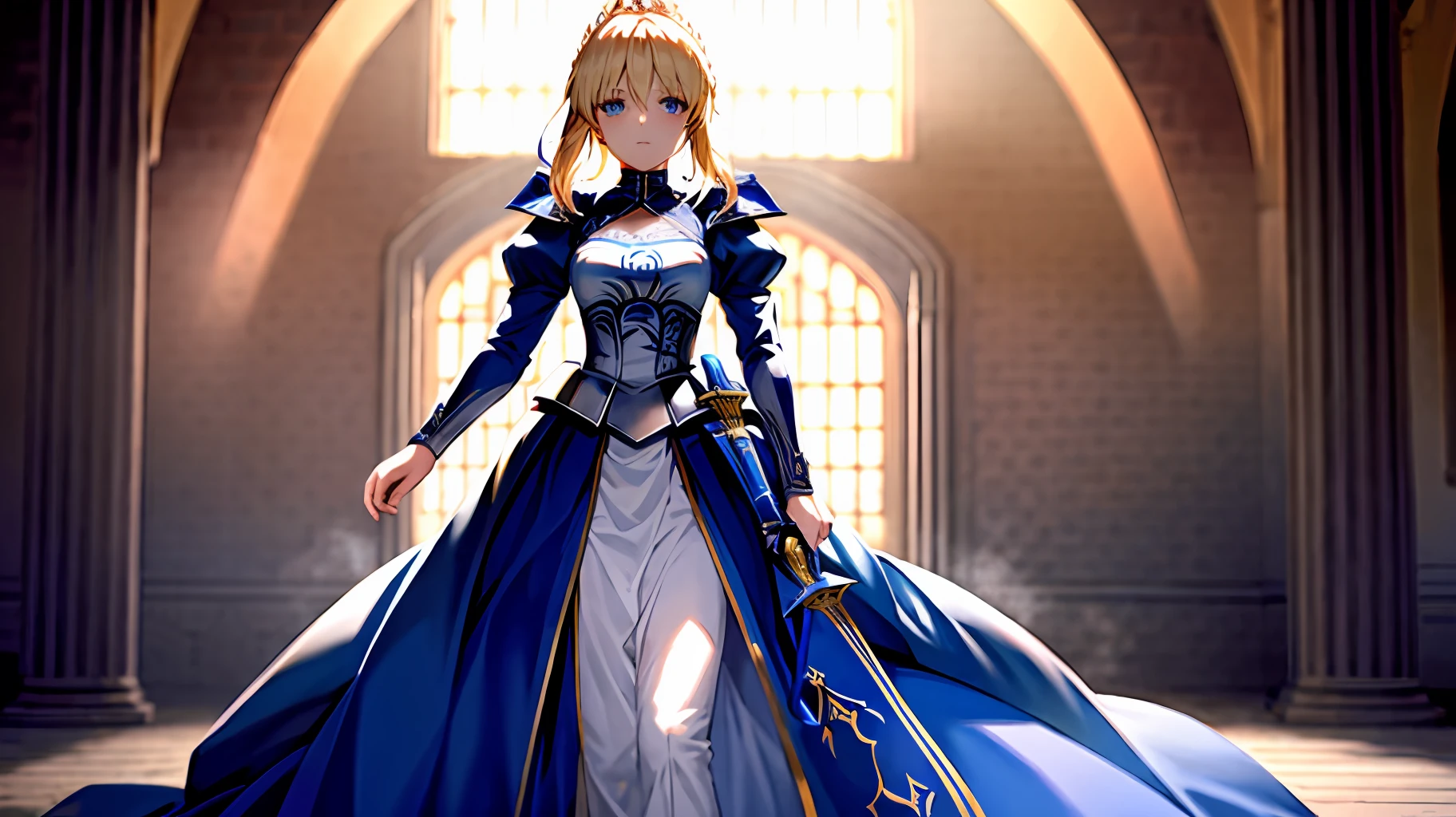 masterpiece, super high quality, super high detail, 8k, best quality, highly detailed lighting, best shadows, saber, artoria pendragon, 1girl, blond hair, blue eyes, royal knights attire, standing in front of a castle at daybreak,