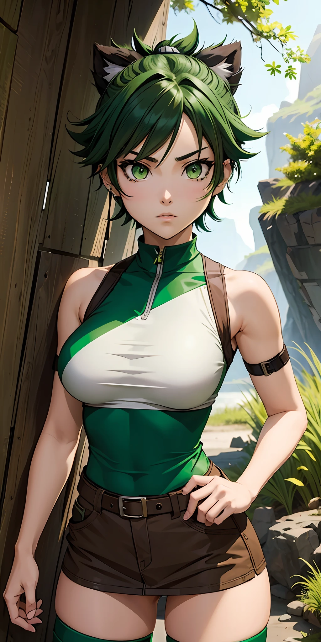 A fierce and independent ranger (anime waifu) with short green hair and piercing green eyes, who lives a life of adventure in the wild