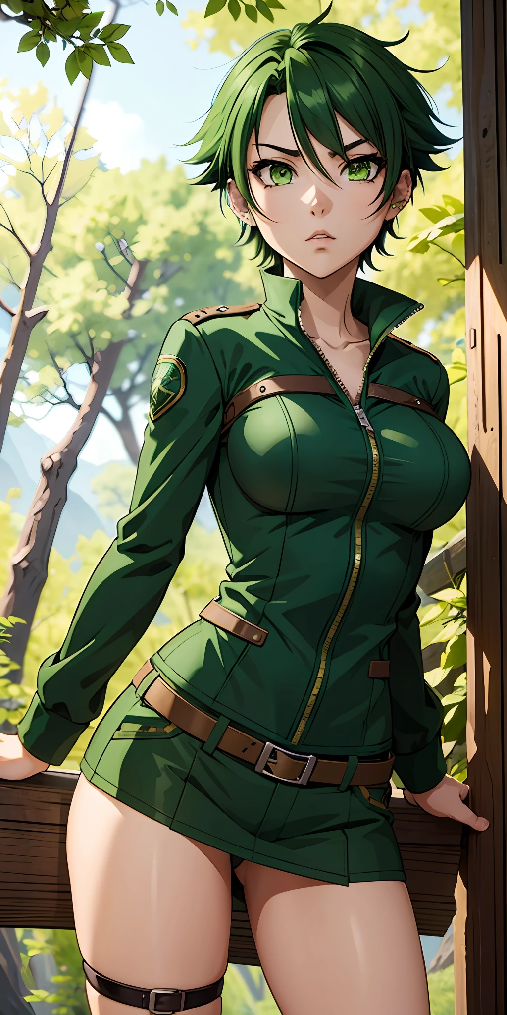 A fierce and independent ranger (anime waifu) with short green hair and piercing green eyes, who lives a life of adventure in the wild