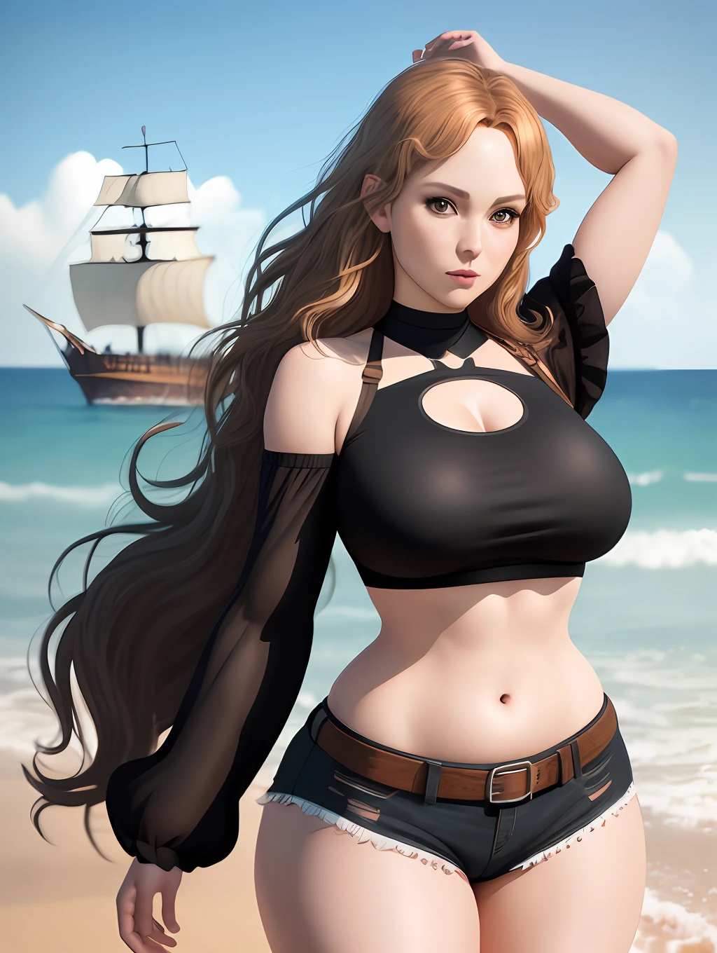 Full face and body photography, Character: Adult Nami realistic version lifelike natural eyes, thin waist, thick legs, thin waist, always shows full face, full body photography, black long cutout top, shorts short black, real human proportions, (hair with smoothness and movement, HD, 8K, natural detailed and realistic), thick legs, wide hips, a large pirate ship in the background, realistic eyes, American flat style cutout, film style