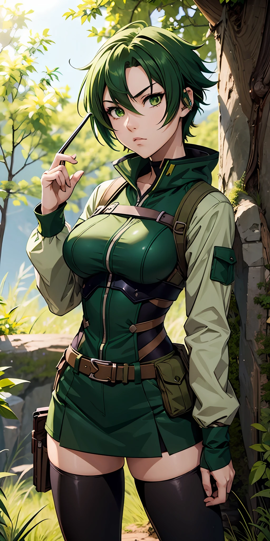 A fierce and independent ranger (anime waifu) with short green hair and piercing green eyes, who lives a life of adventure in the wild