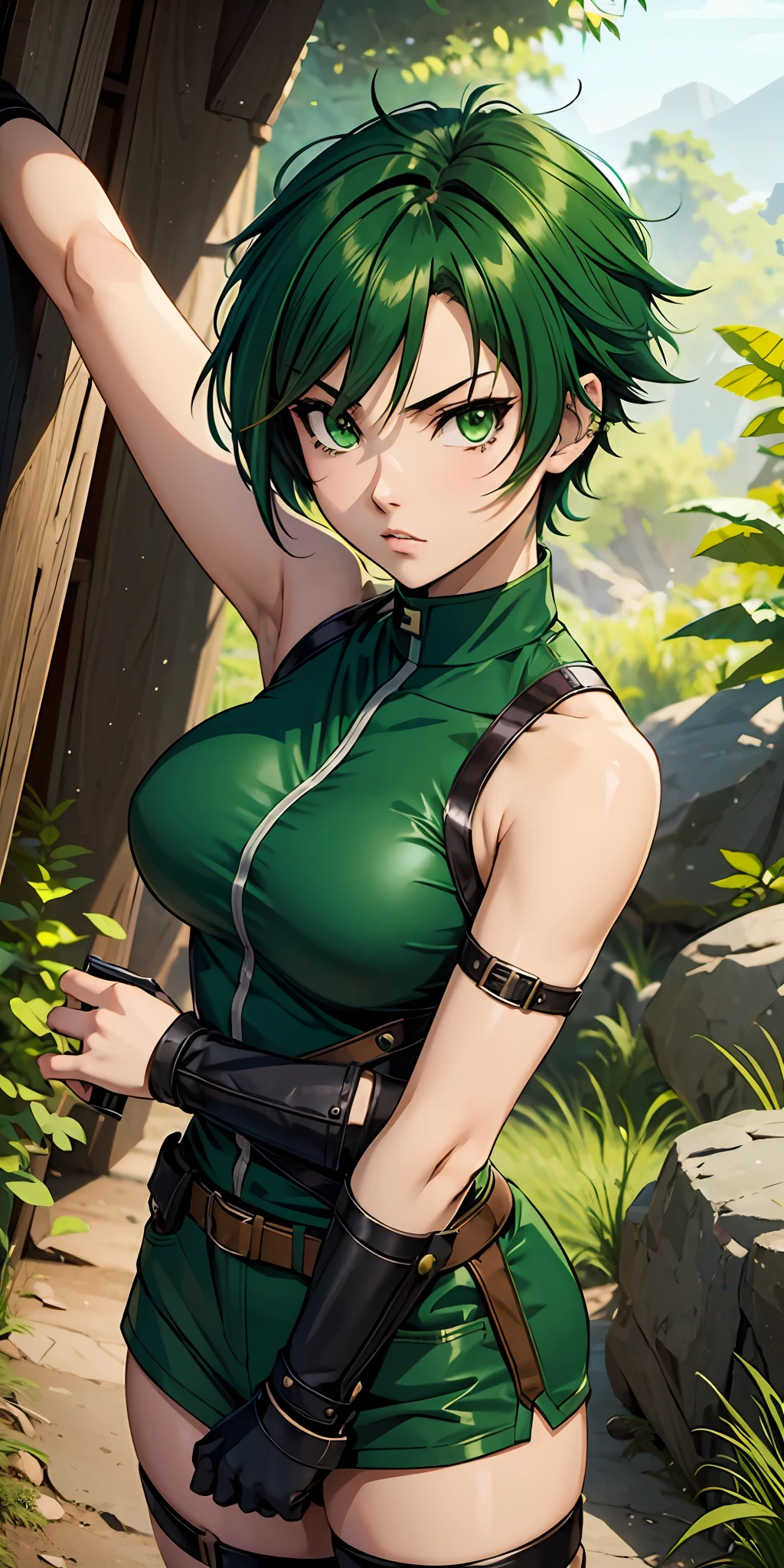 A fierce and independent ranger (anime waifu) with short green hair and piercing green eyes, who lives a life of adventure in the wild