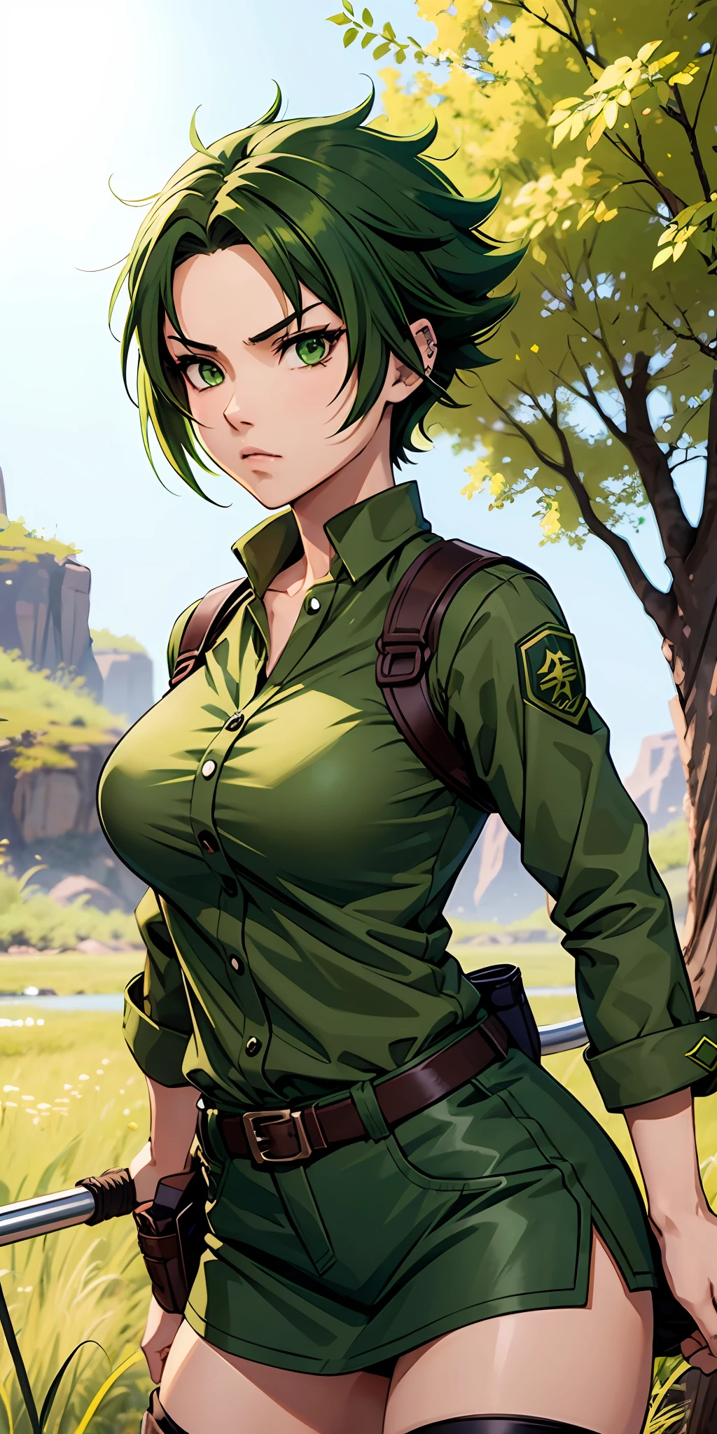 A fierce and independent ranger (anime waifu) with short green hair and piercing green eyes, who lives a life of adventure in the wild