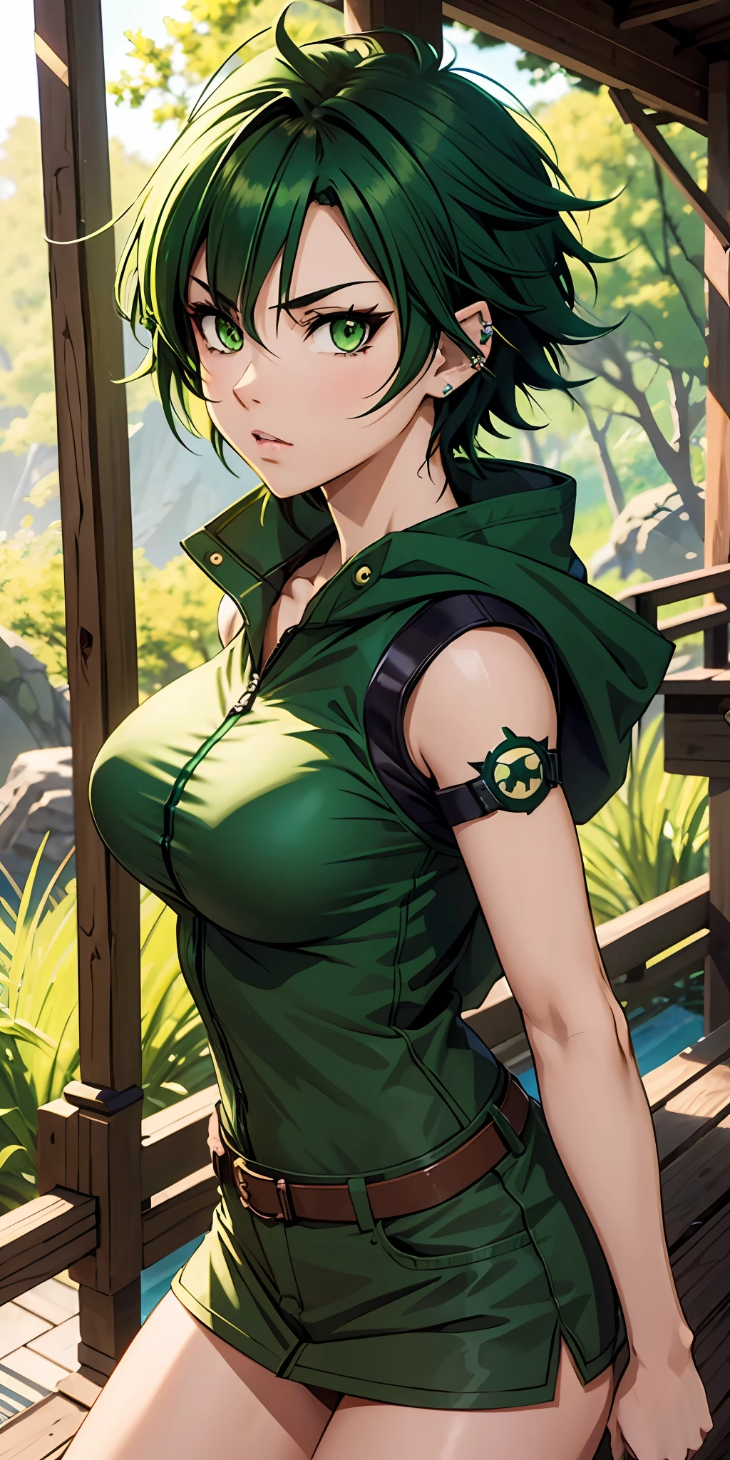 A fierce and independent ranger (anime waifu) with short green hair and piercing green eyes, who lives a life of adventure in the wild